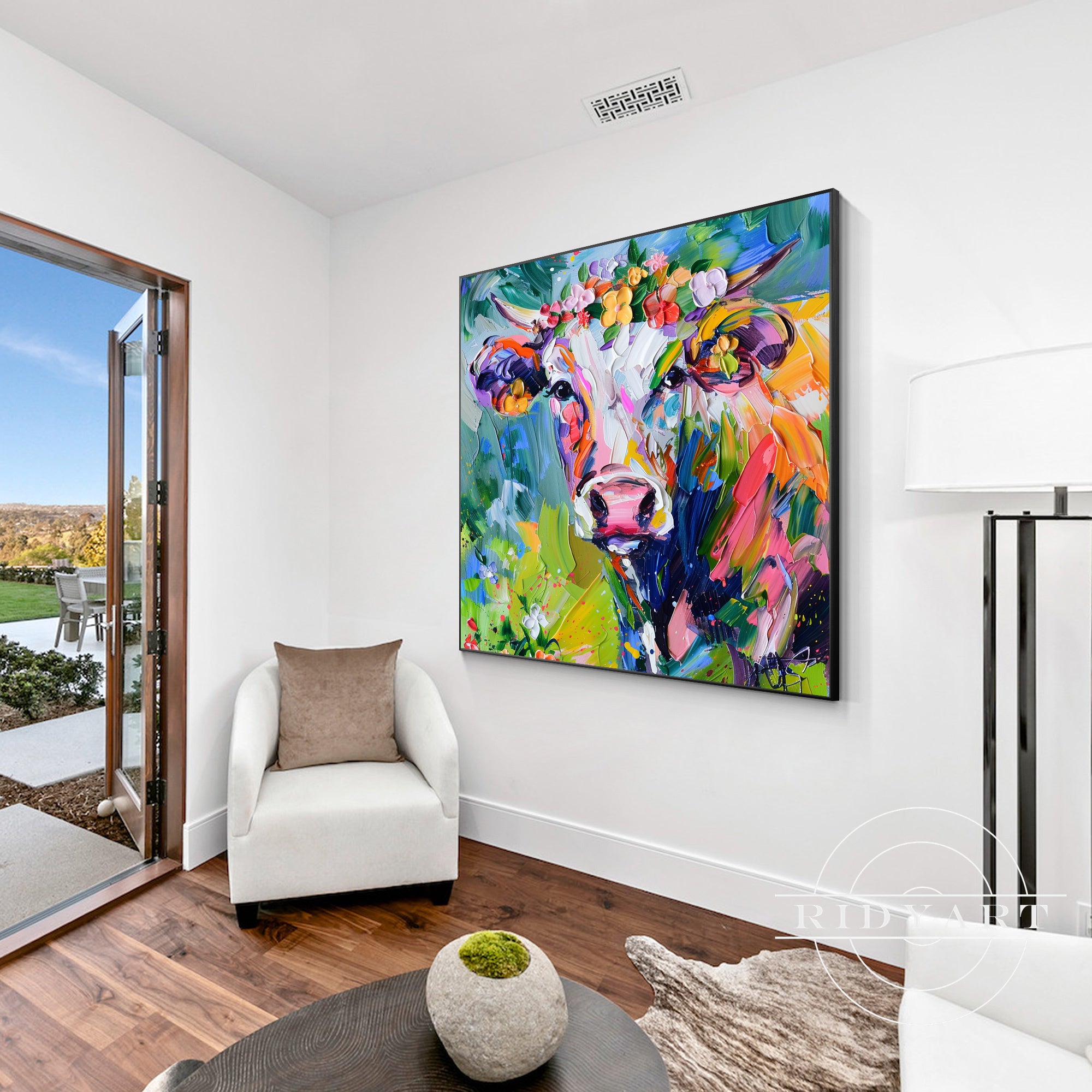 Unique colorful cow painting for rustic kitchen wall decoration