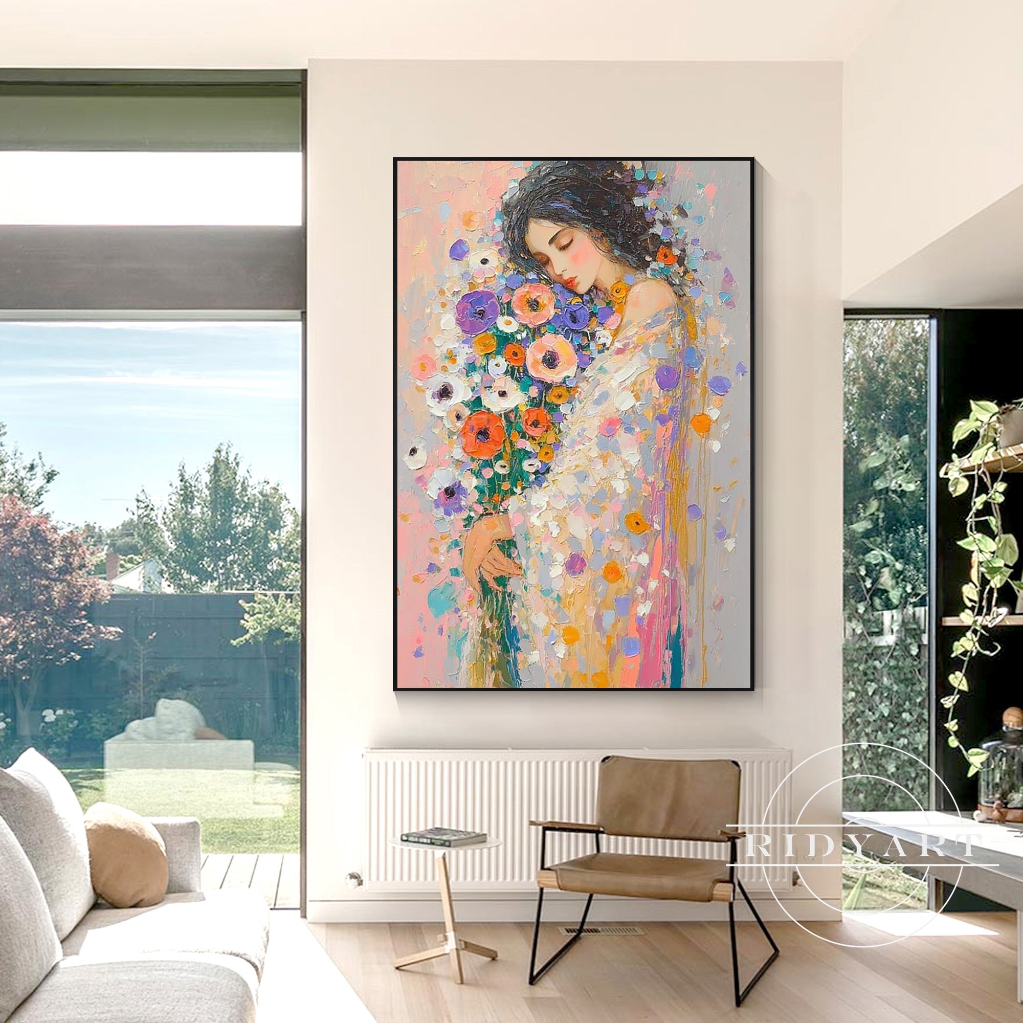 pink flower girl canvas art modern romantic painting