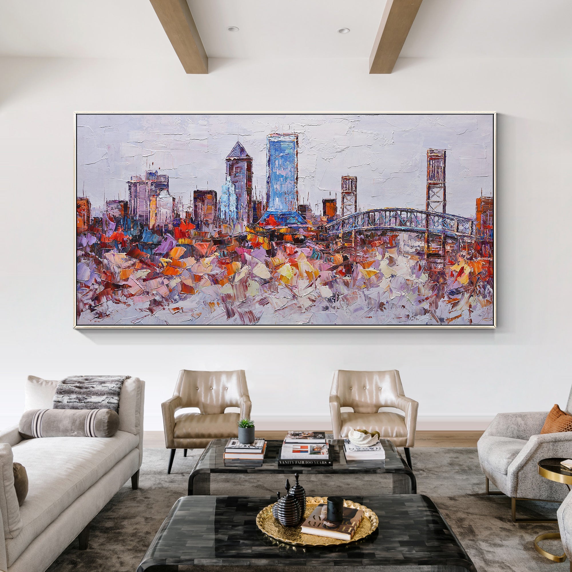 Textured oil painting of Florida skyline with vibrant colors.
