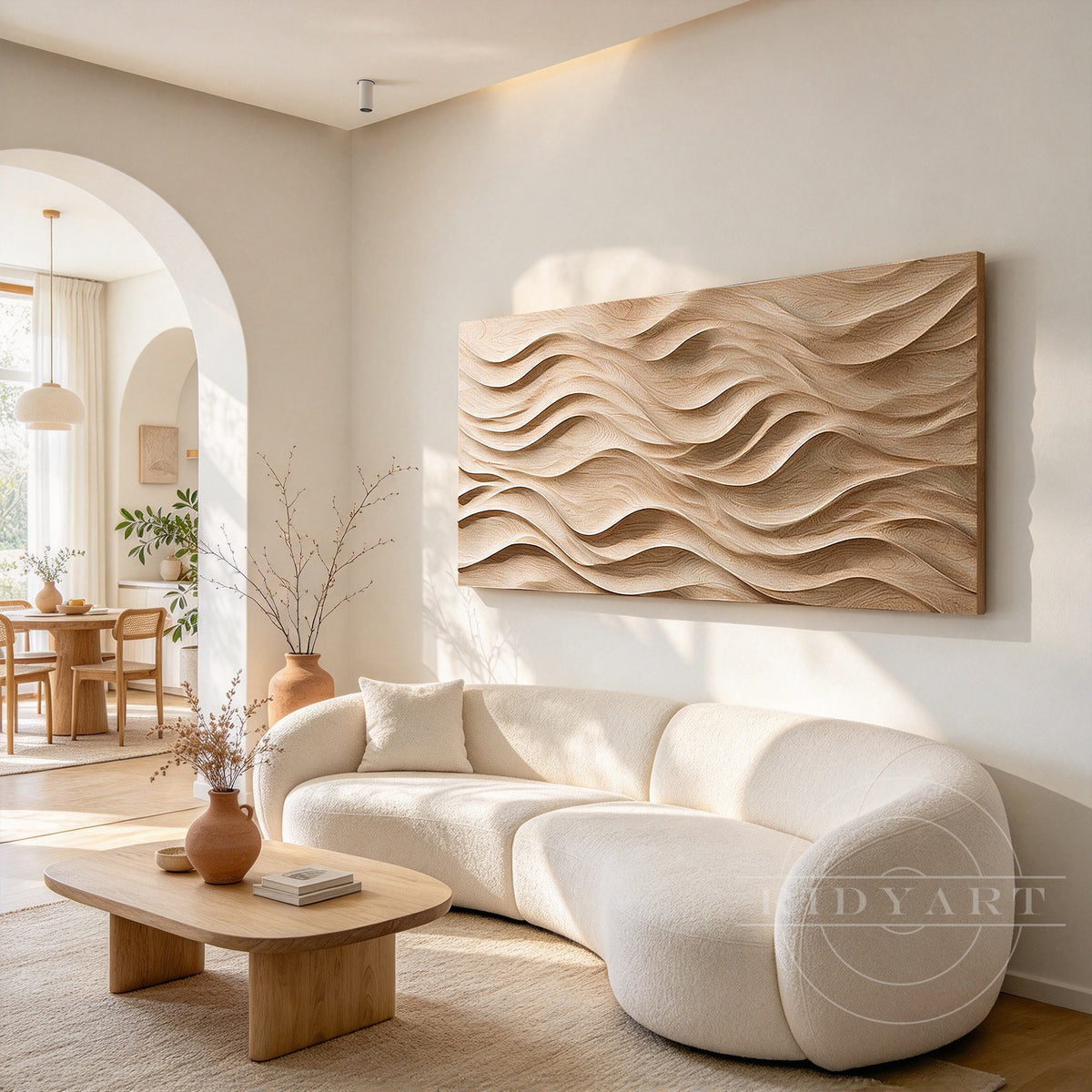 Close-up of deeply carved wave channels revealing natural wood grain