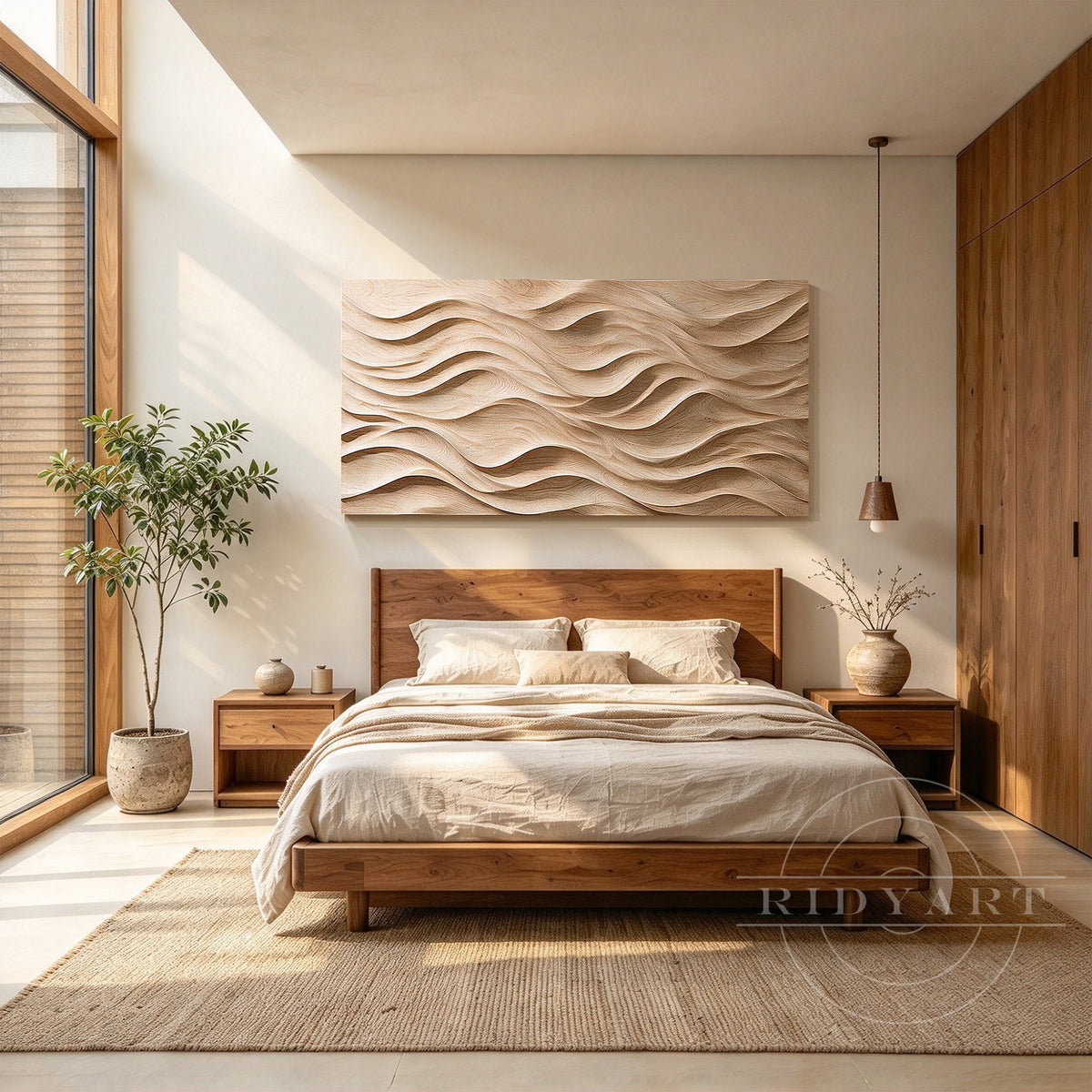 Flowing wave wood wall art on textured plaster wall in Japandi interior