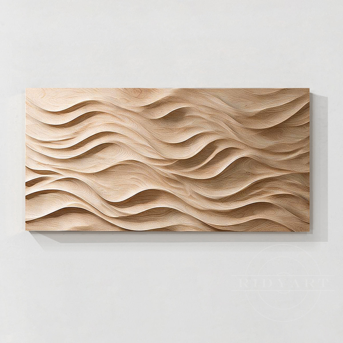 Panoramic flowing wave carved wood wall art above a console