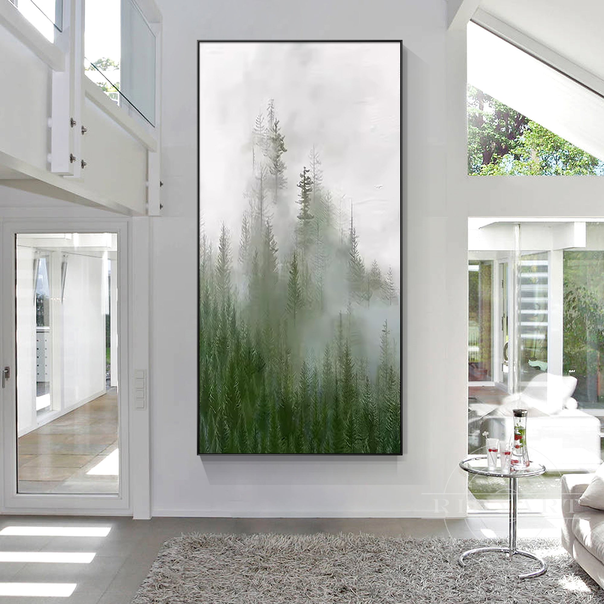 Foggy forest wall art with green and gray tones for a calming atmosphere