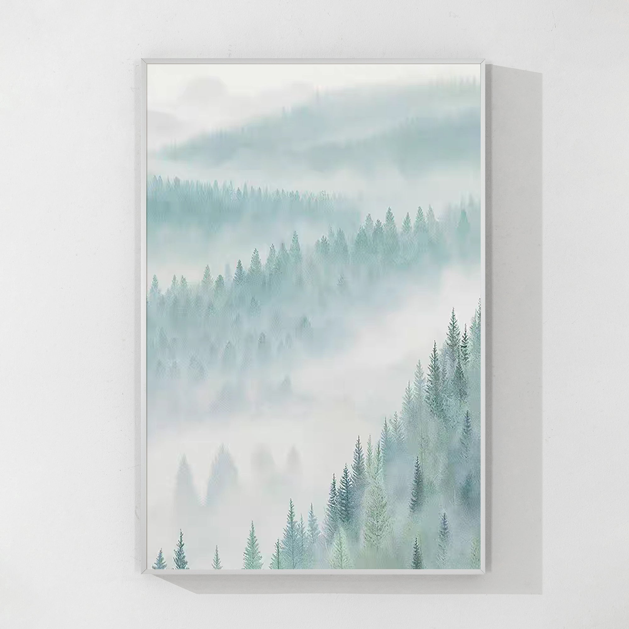 Foggy forest landscape painting green and gray canvas wall art