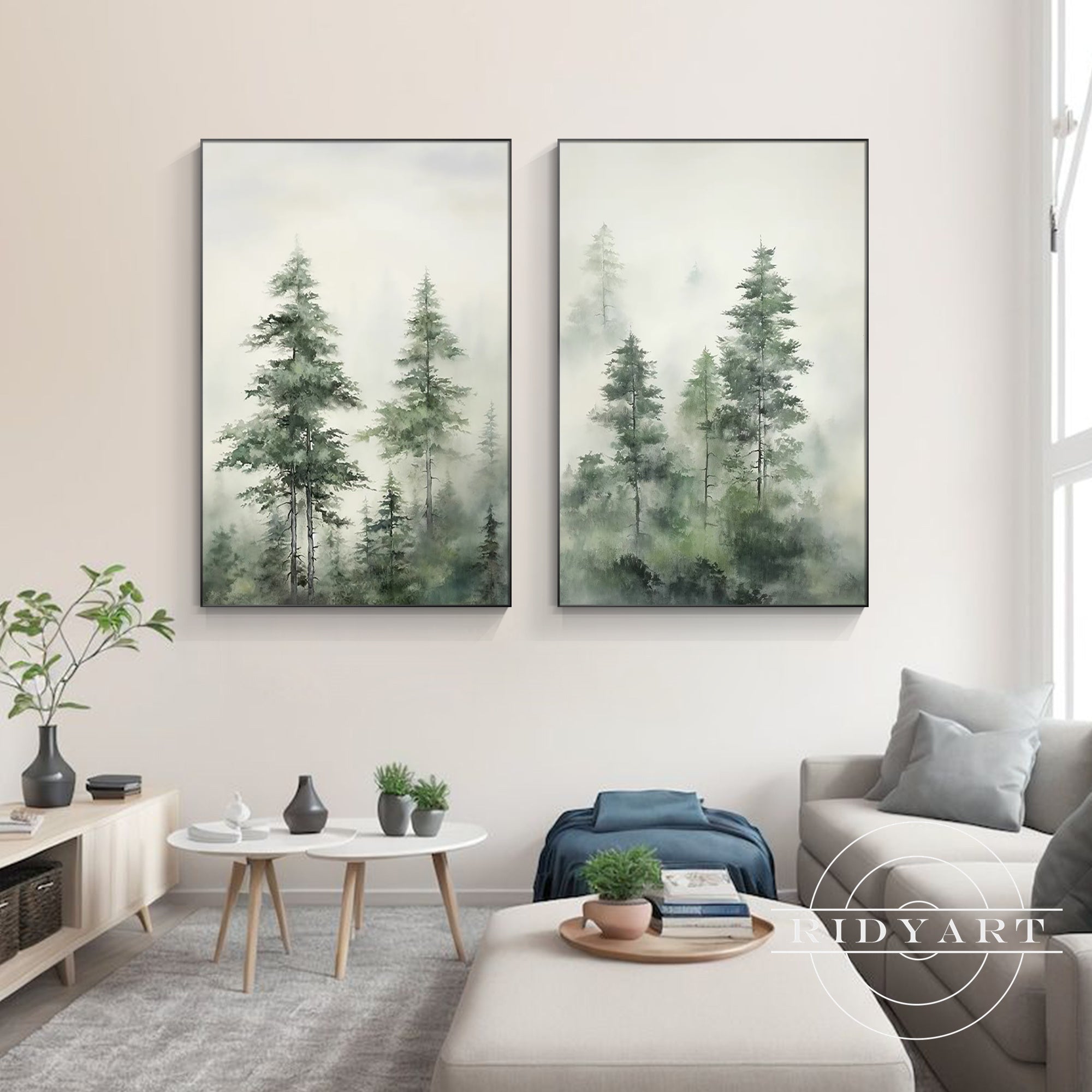 Set of 2 abstract landscape tree paintings