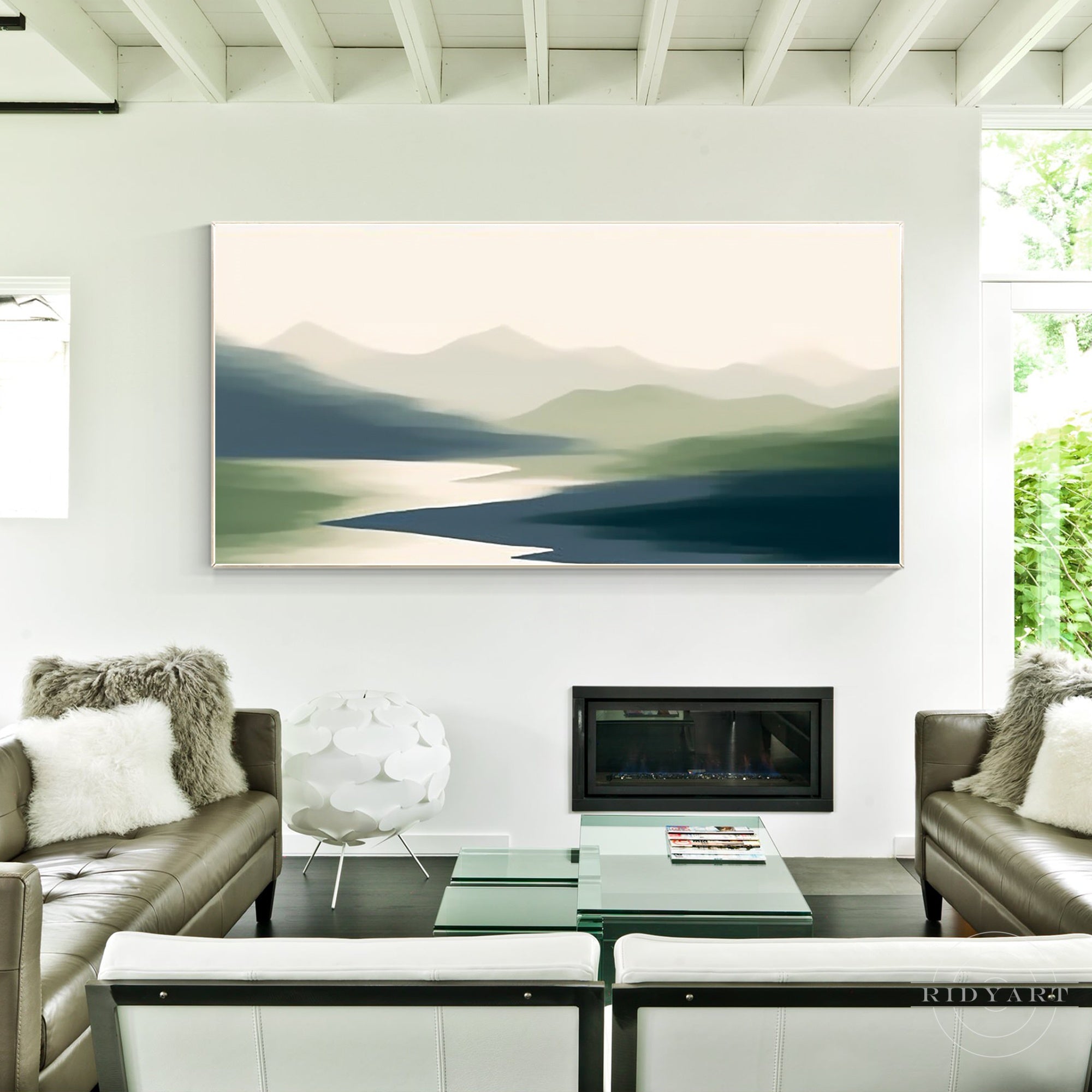 Gray green mountains abstract painting on canvas.