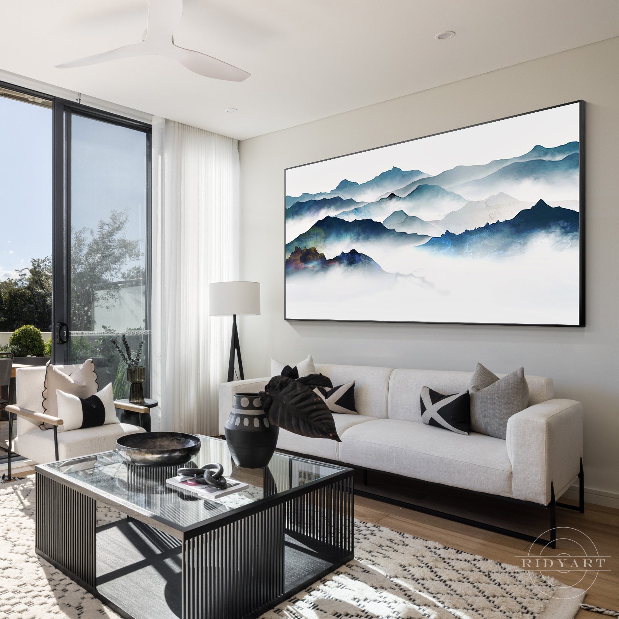 Watercolor foggy mountain landscape painting on canvas.