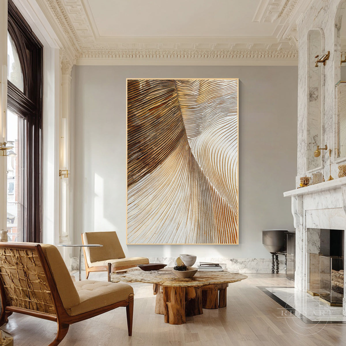 Detailed view of slim gold floating frame enclosing a high-relief 3d textured canvas art in warm brown and champagne gold.