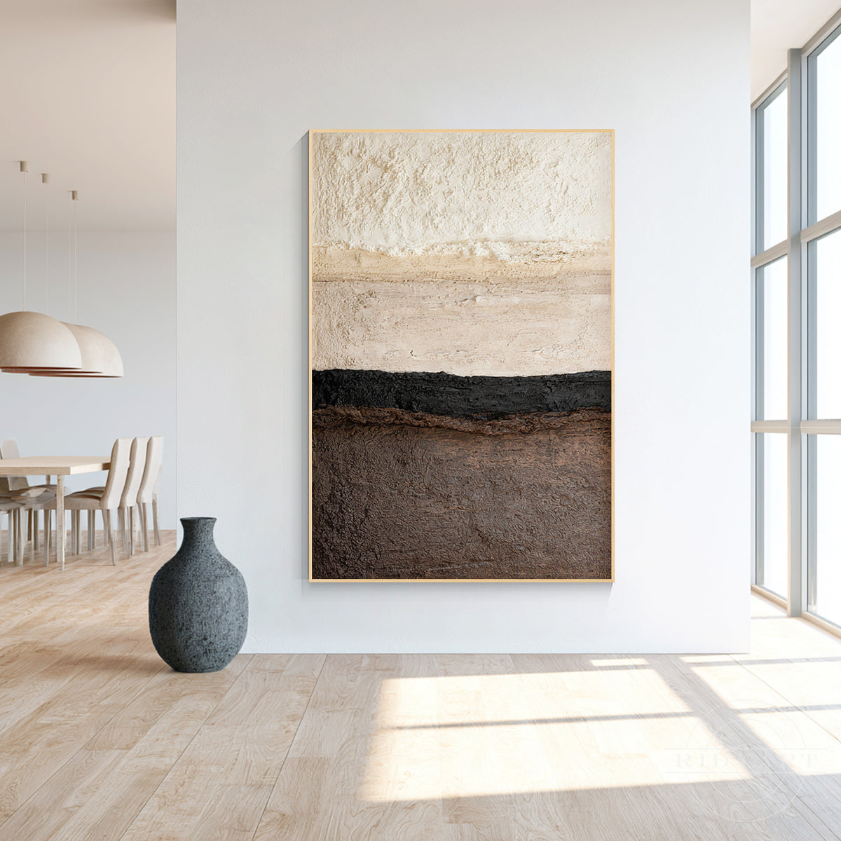 Vertical 3D plaster relief painting showing detailed raised surface, neutral color palette, and elegant natural wood frame.