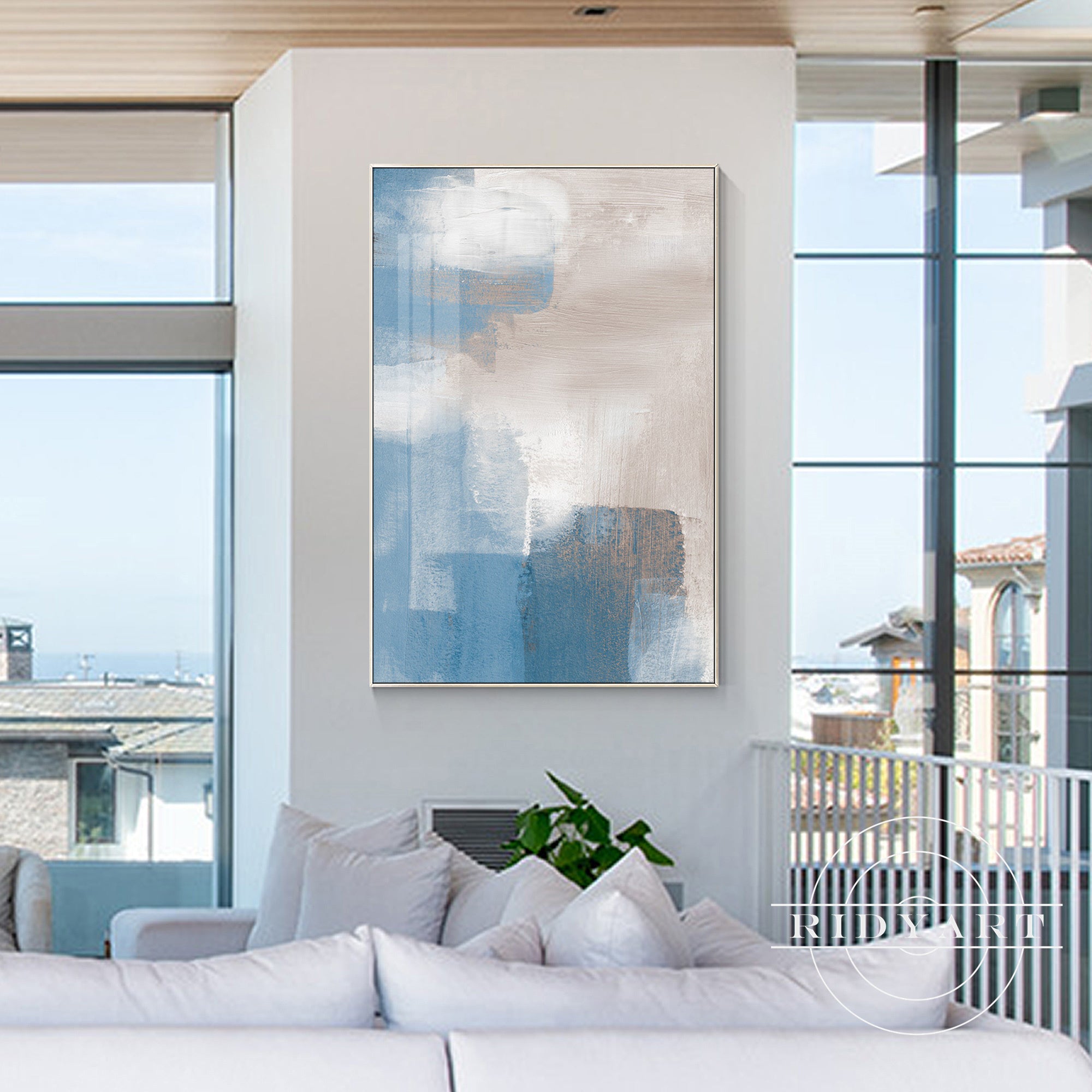 Textured abstract blue and brown framed wall art for stylish interiors.
