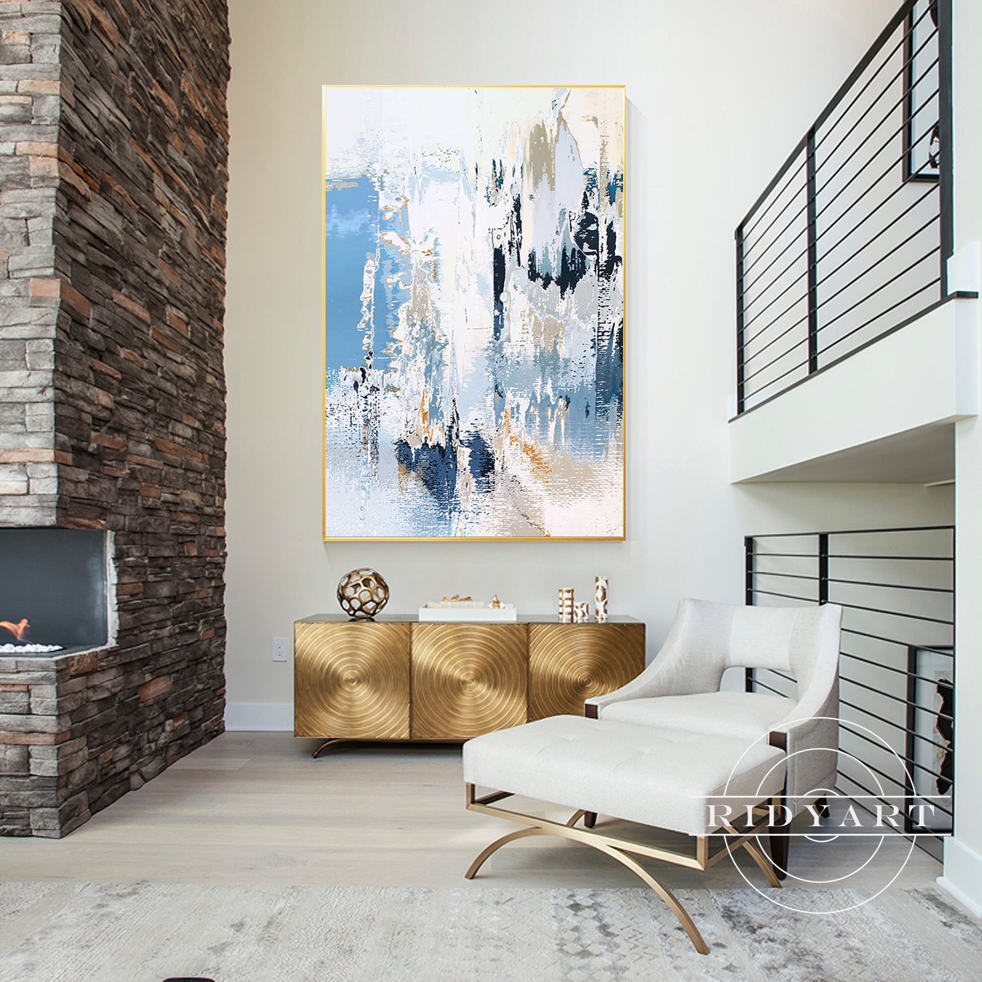 Framed abstract artwork in neutral and cool tones