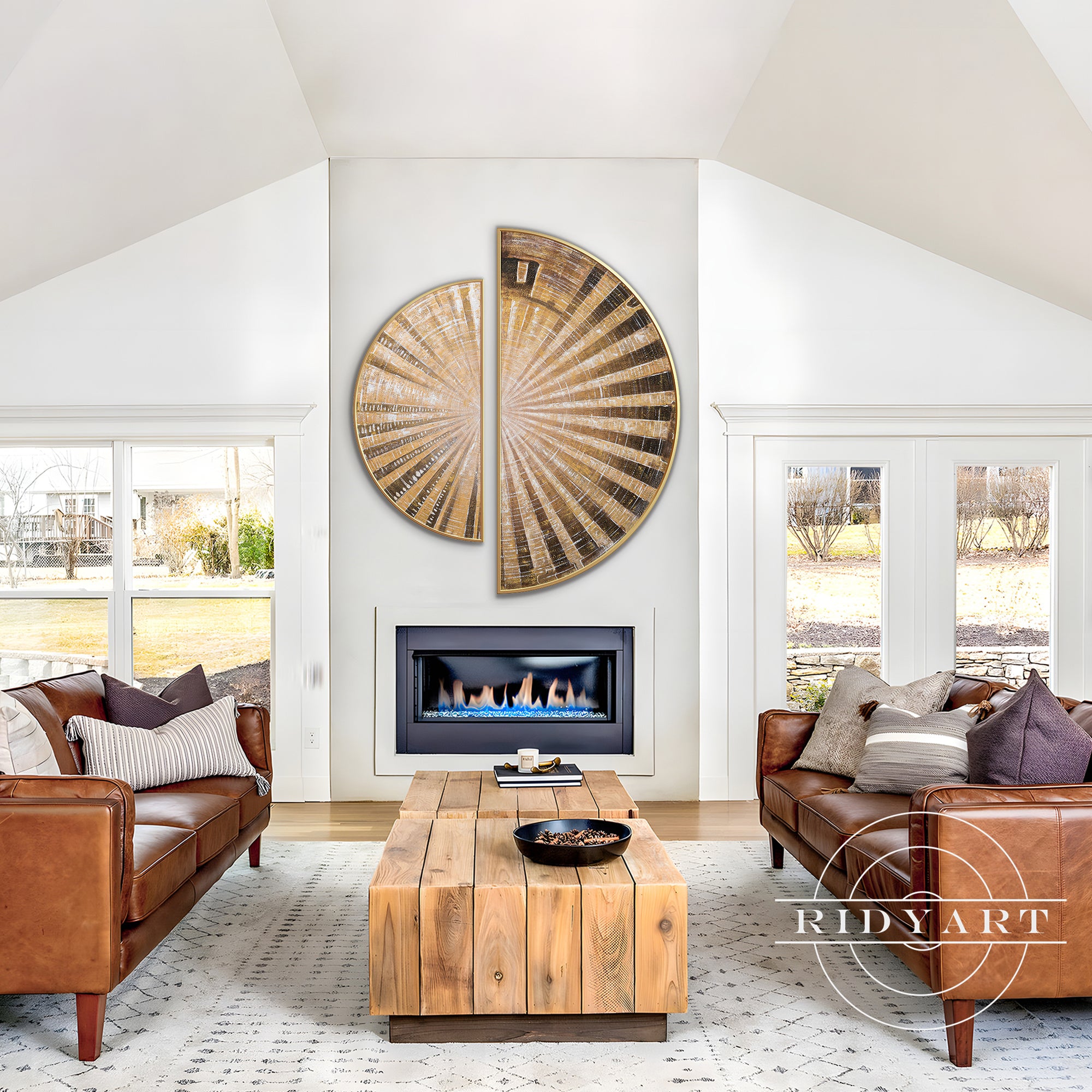 Framed round canvas art set, perfect for living room or bedroom decor.