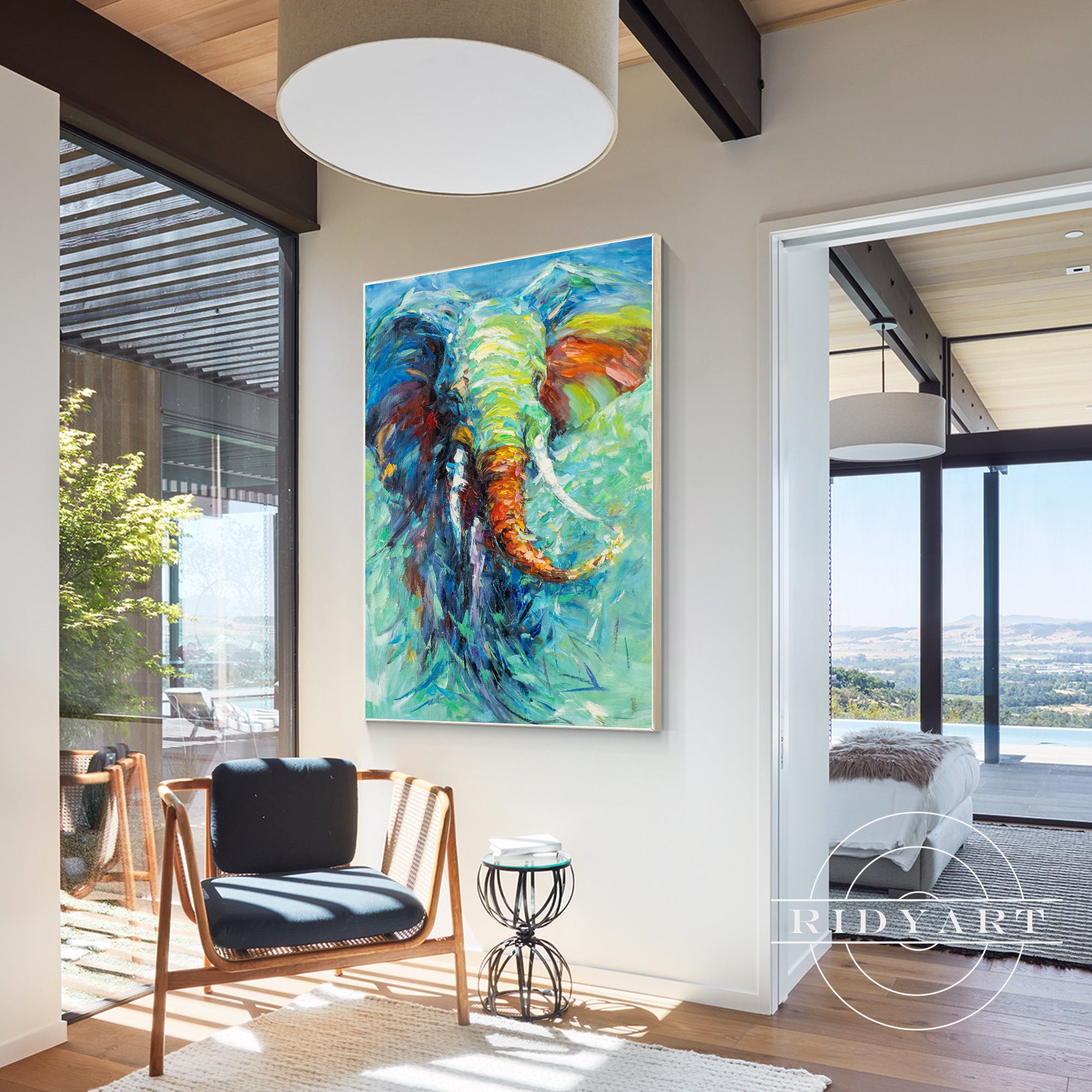 Framed colorful elephant artwork