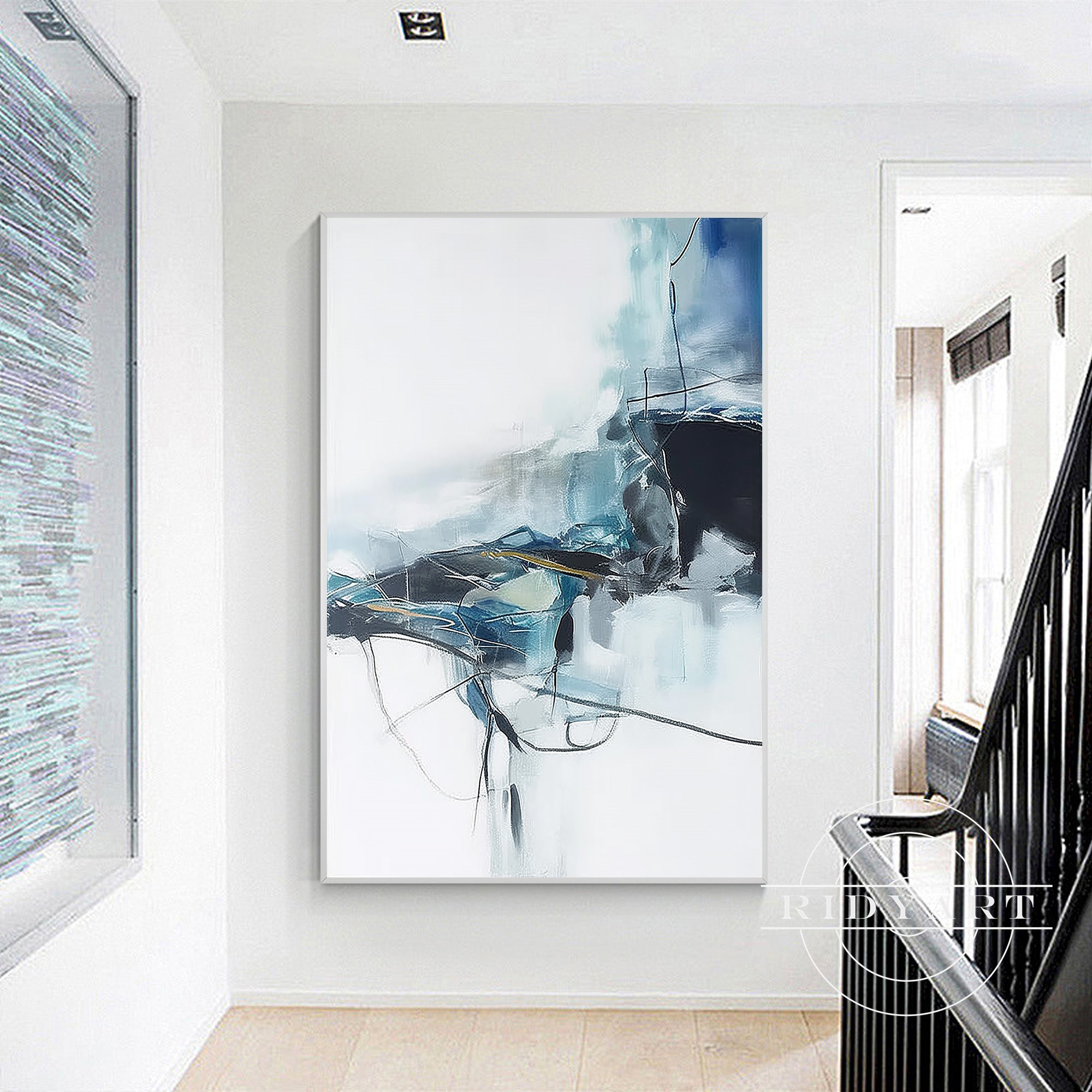 Oversized framed abstract artwork in navy blue and white tones