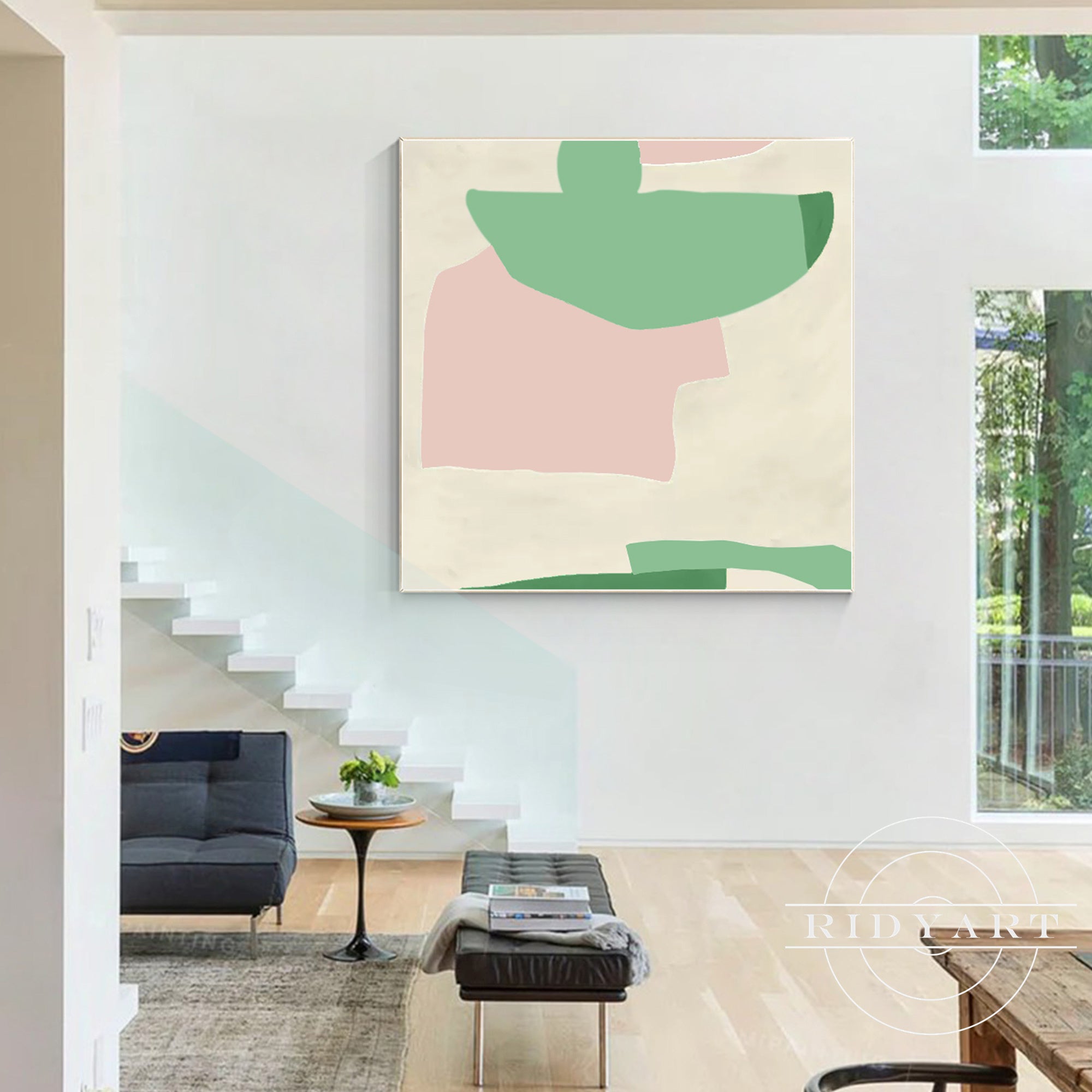 Minimalist painting with pink, green, and beige colors