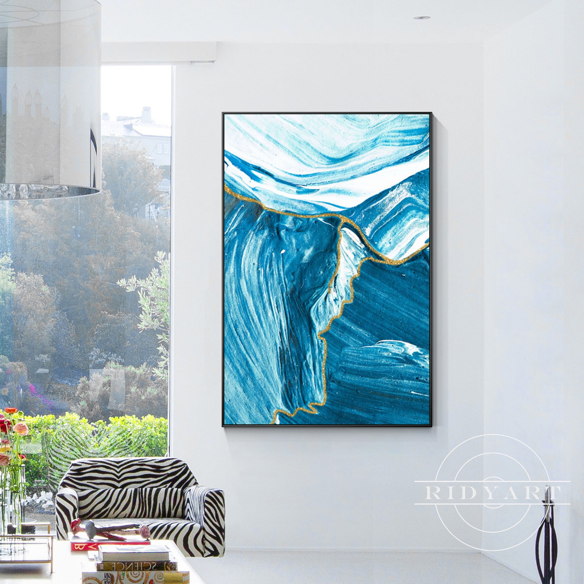 Framed abstract ocean painting for elegant and contemporary spaces.