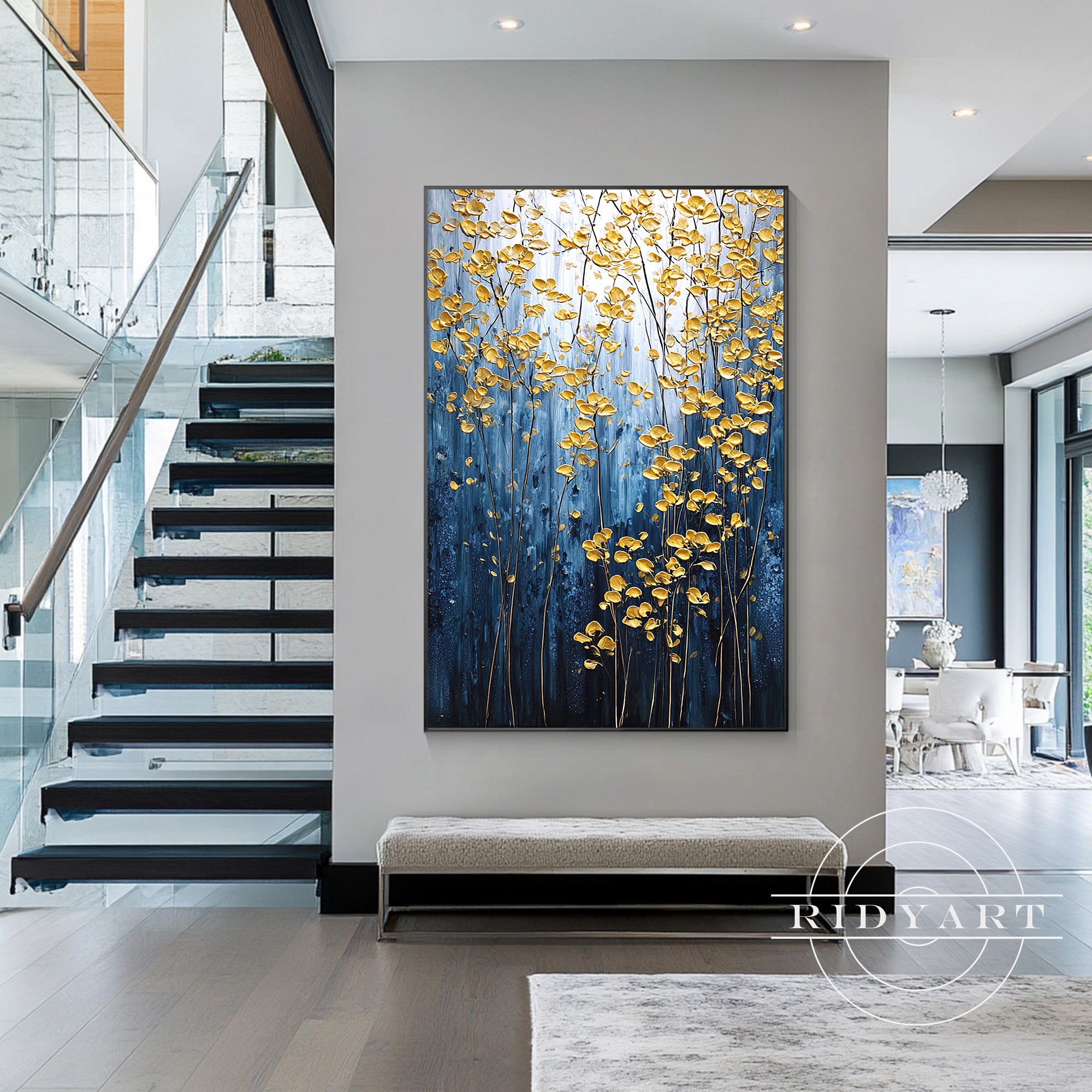modern navy floral canvas for living room