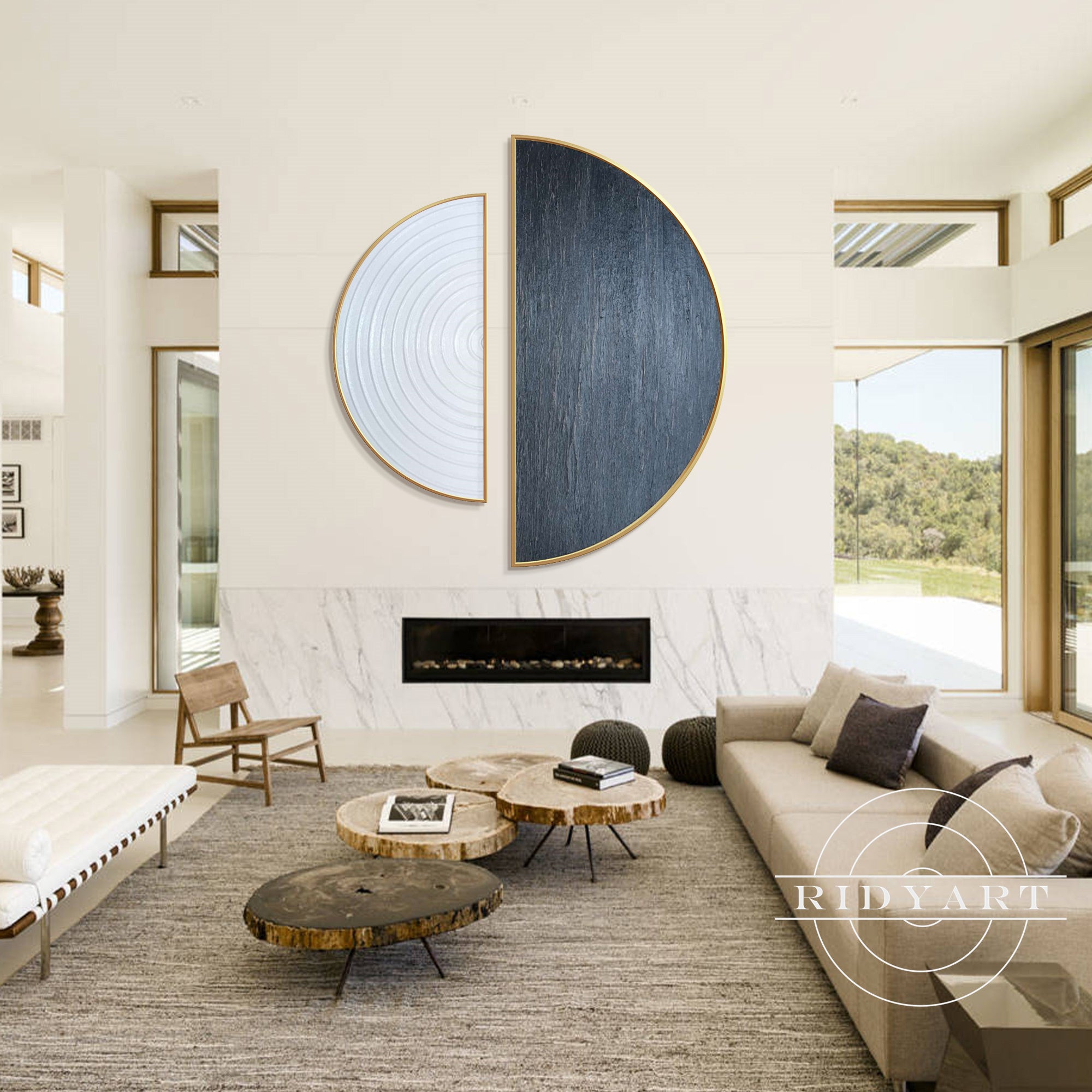 Black white circular art for living room