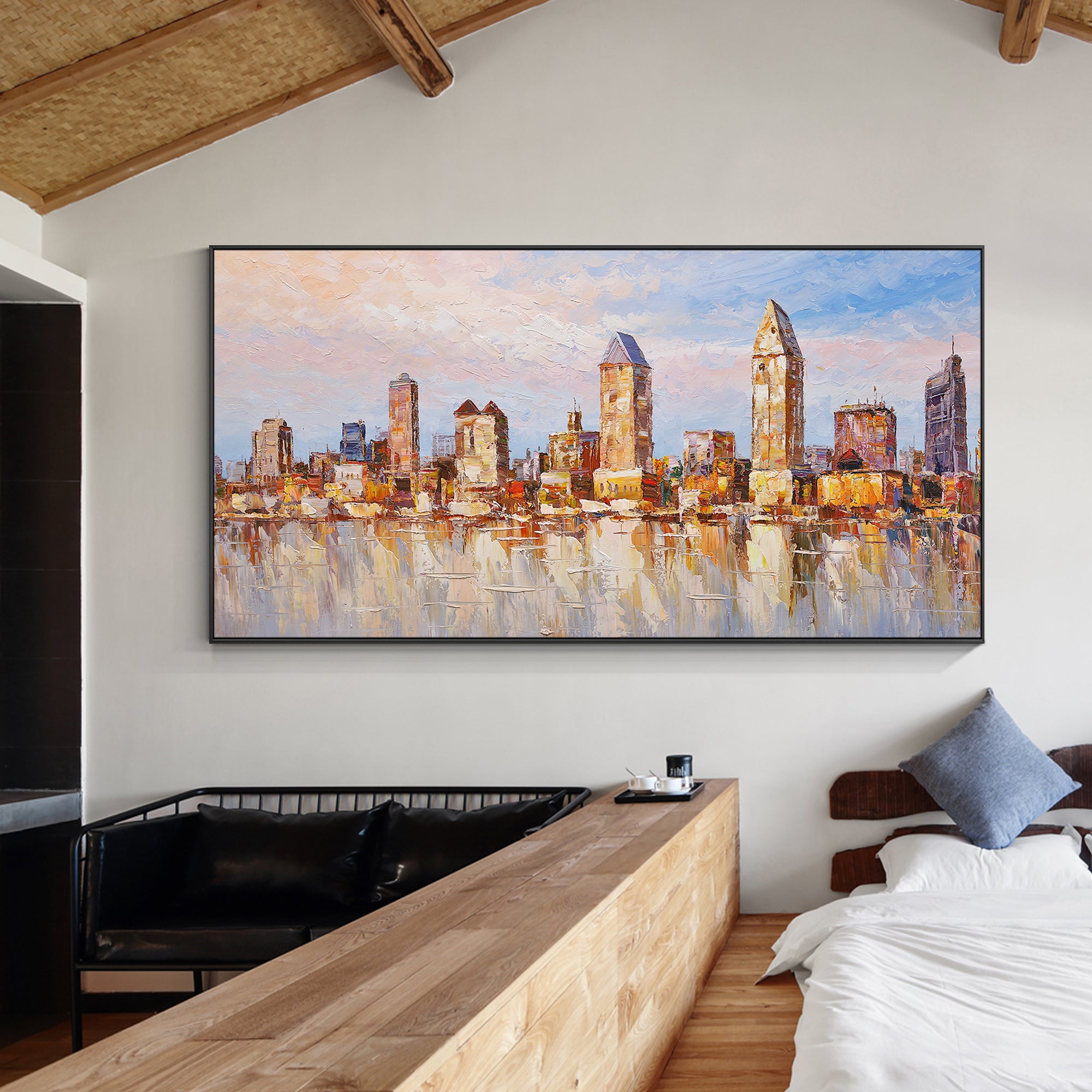 Yellow San Diego skyline wall art with sunset background