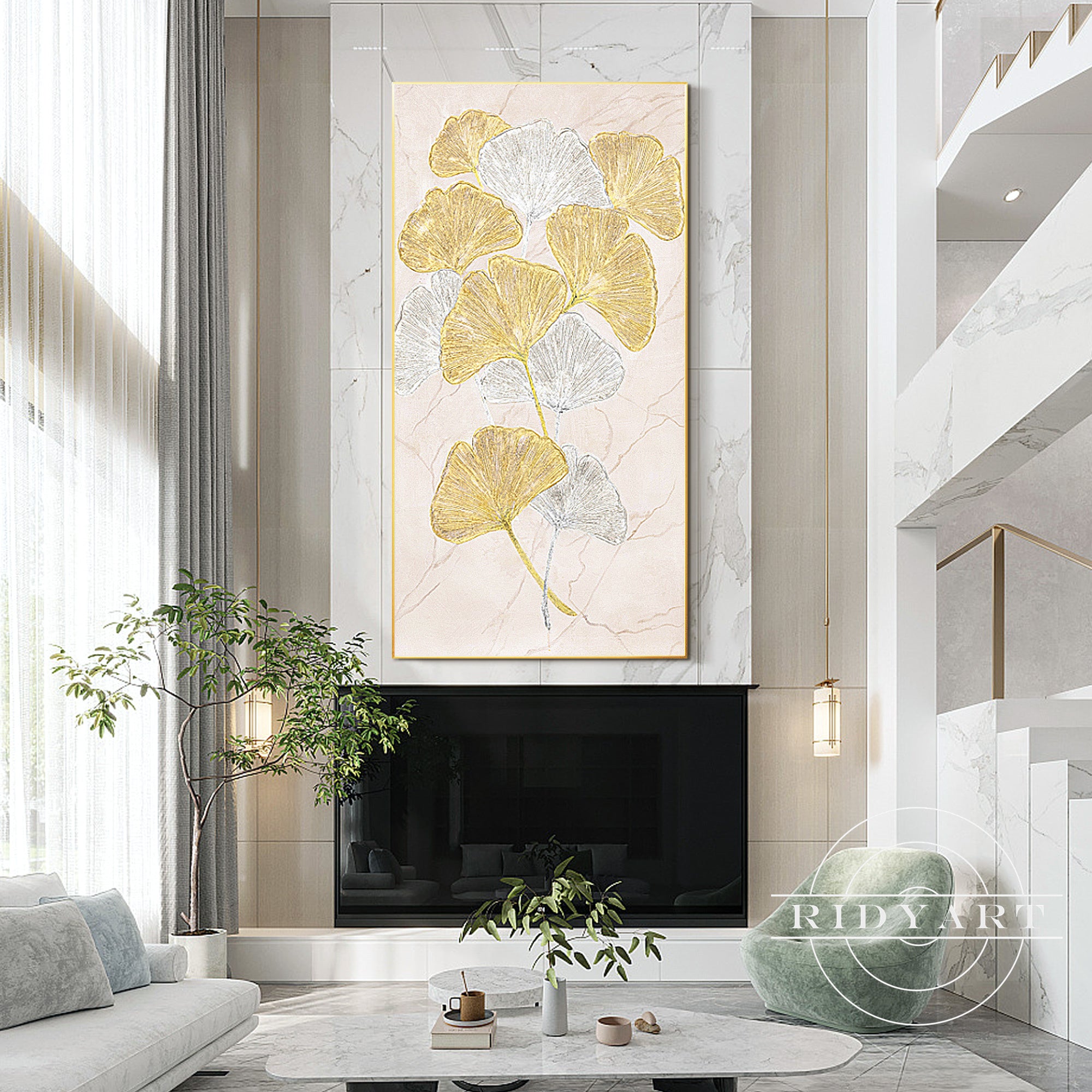 Large framed canvas with textured ginkgo leaf design