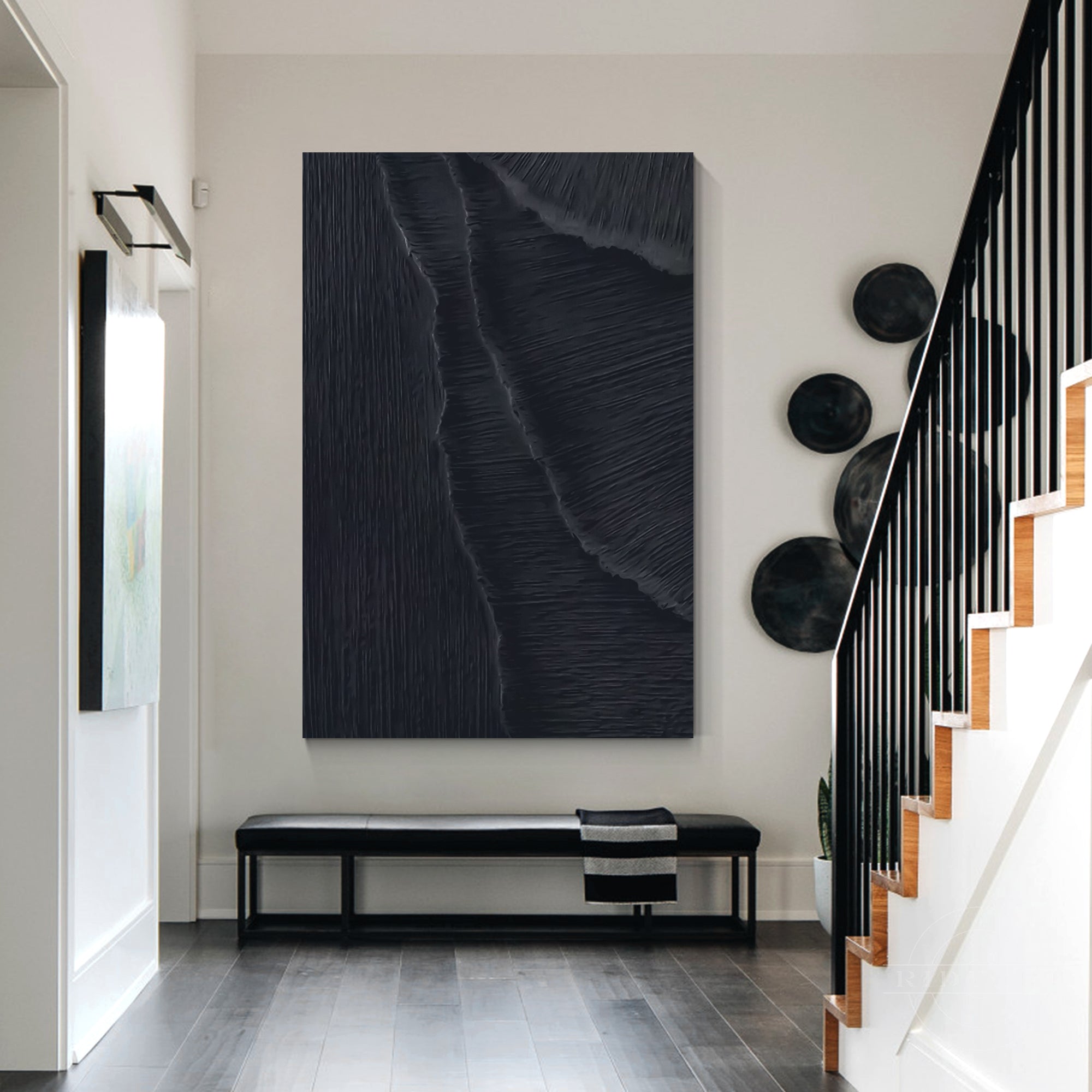 Matte black 3D textured sea waves painting on canvas. Extra-large vertical wall art framed for minimalist home decor.