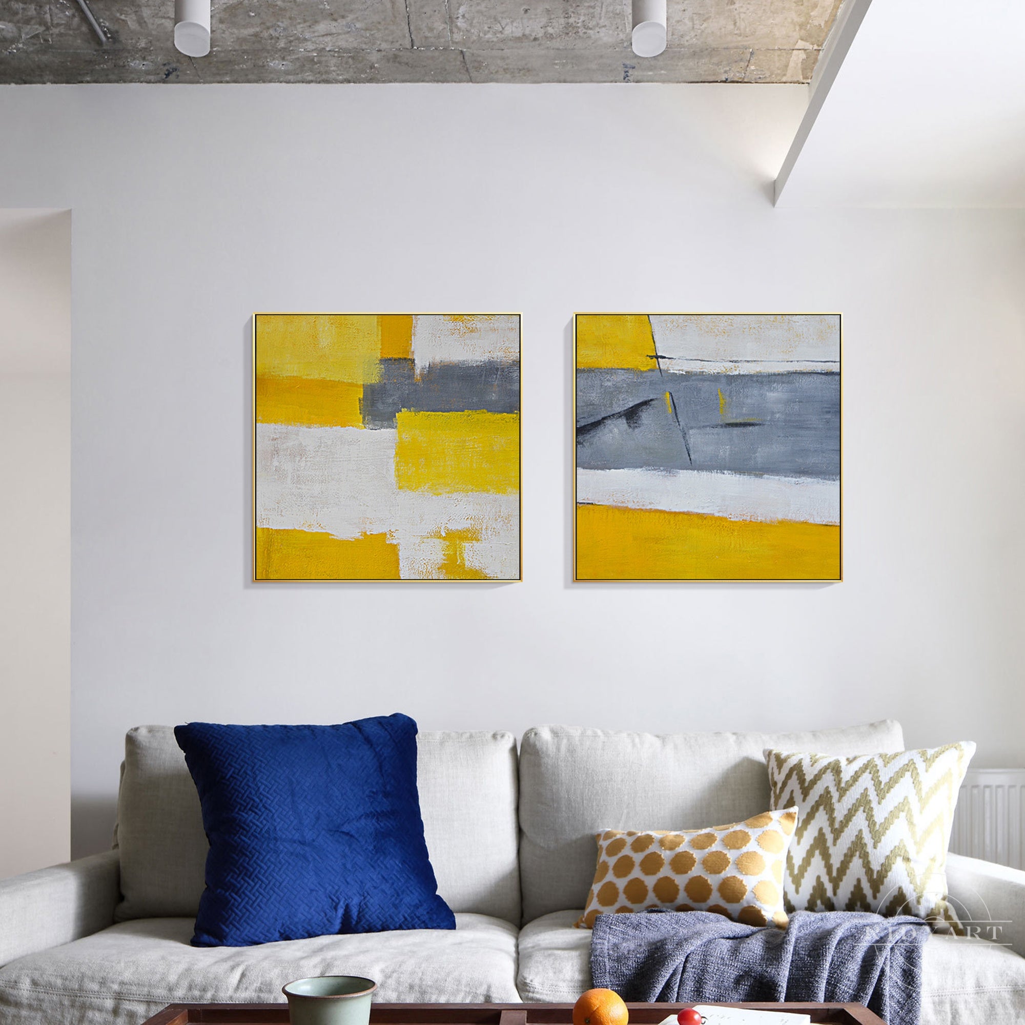 Geometric square wall art in grey and yellow tones