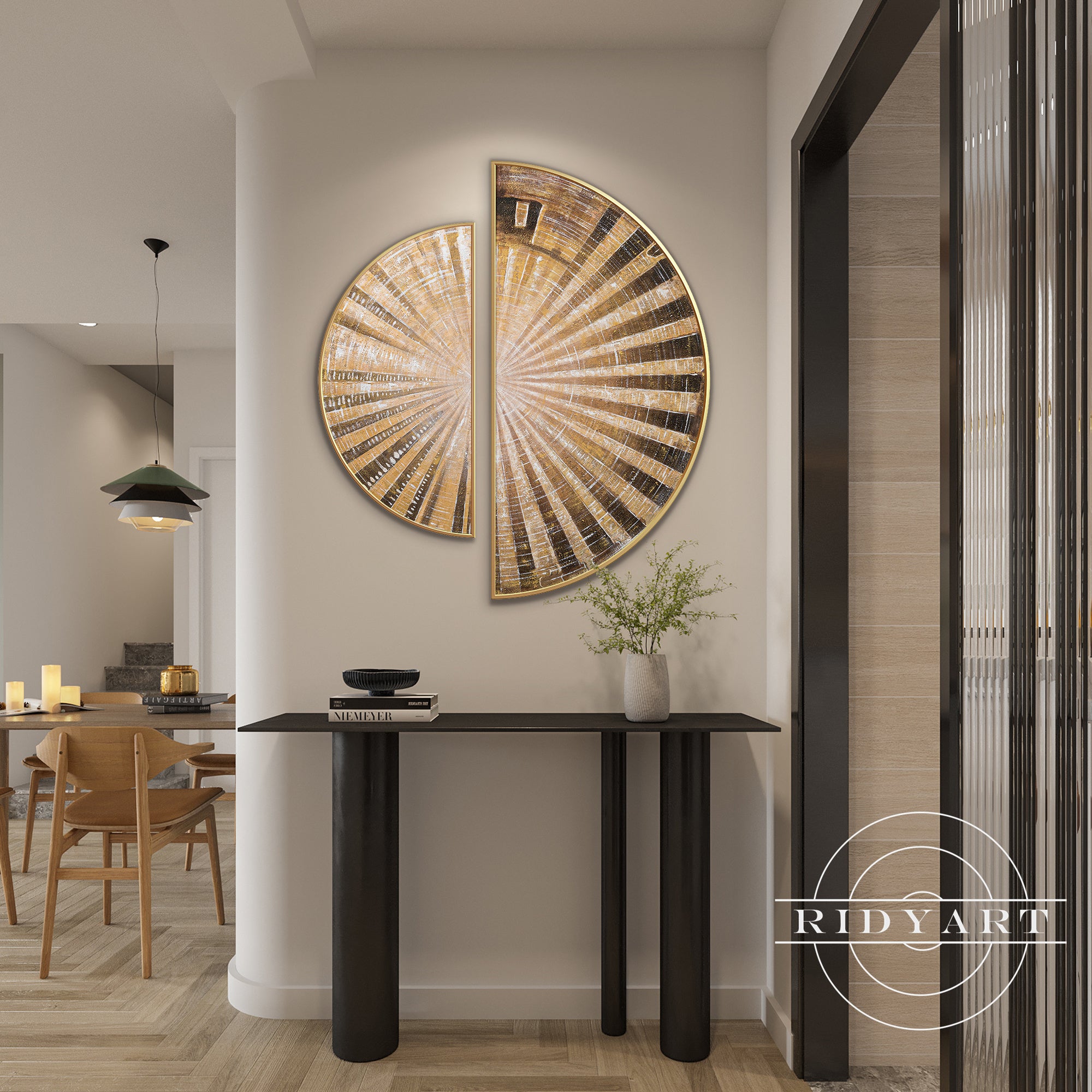 Sunlight-inspired abstract wall art with warm gold and brown tones.