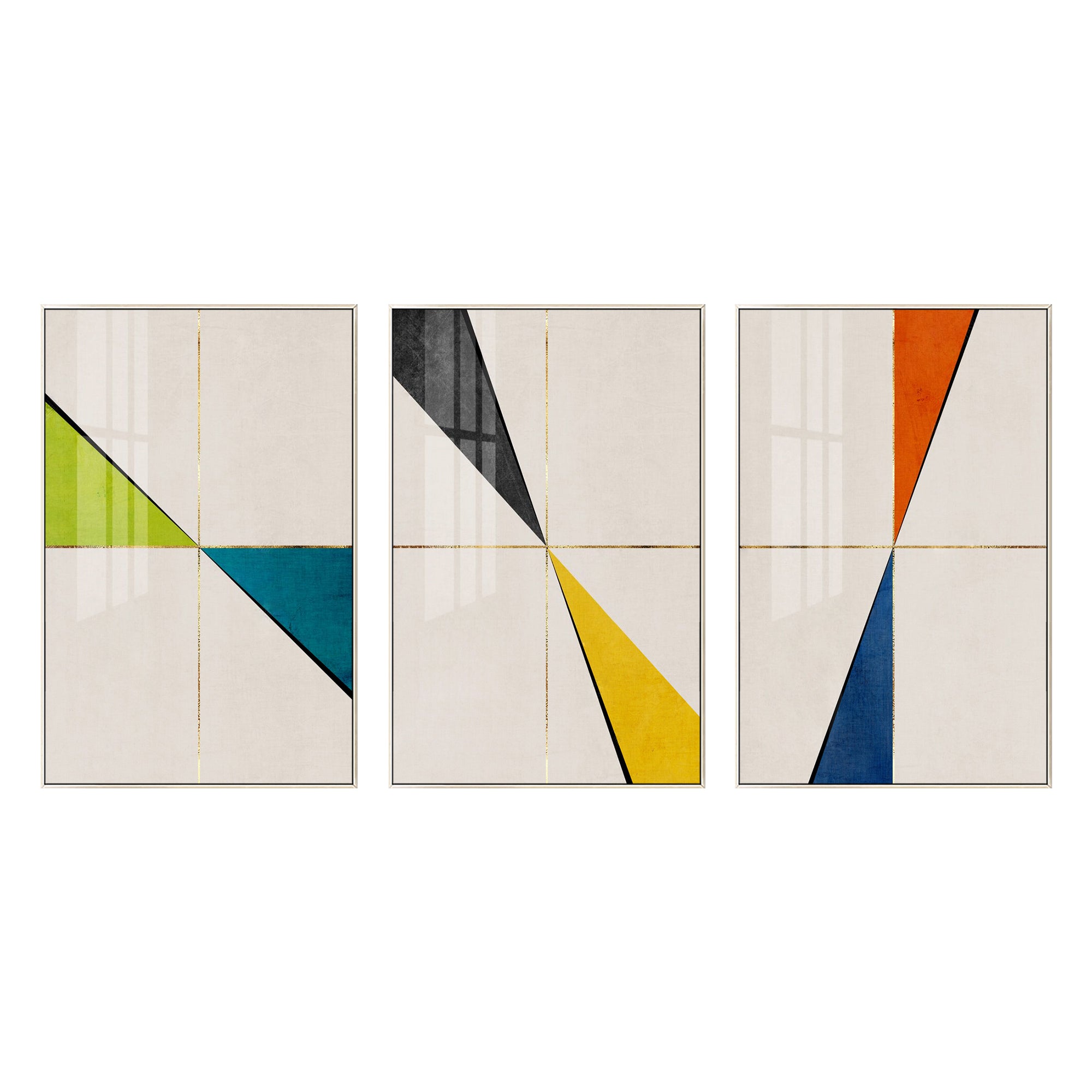 Set of 3 abstract gold geometric canvas paintings