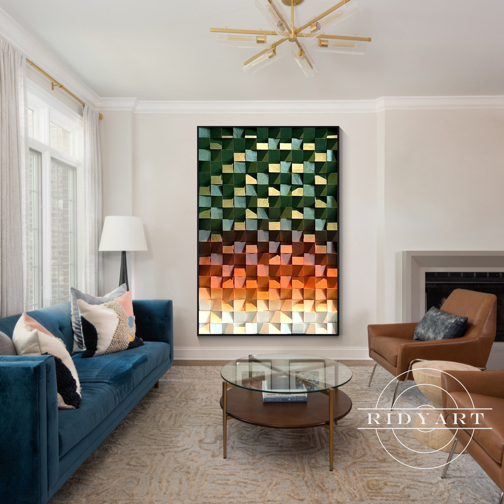 Huge geometric wood block artwork for living room