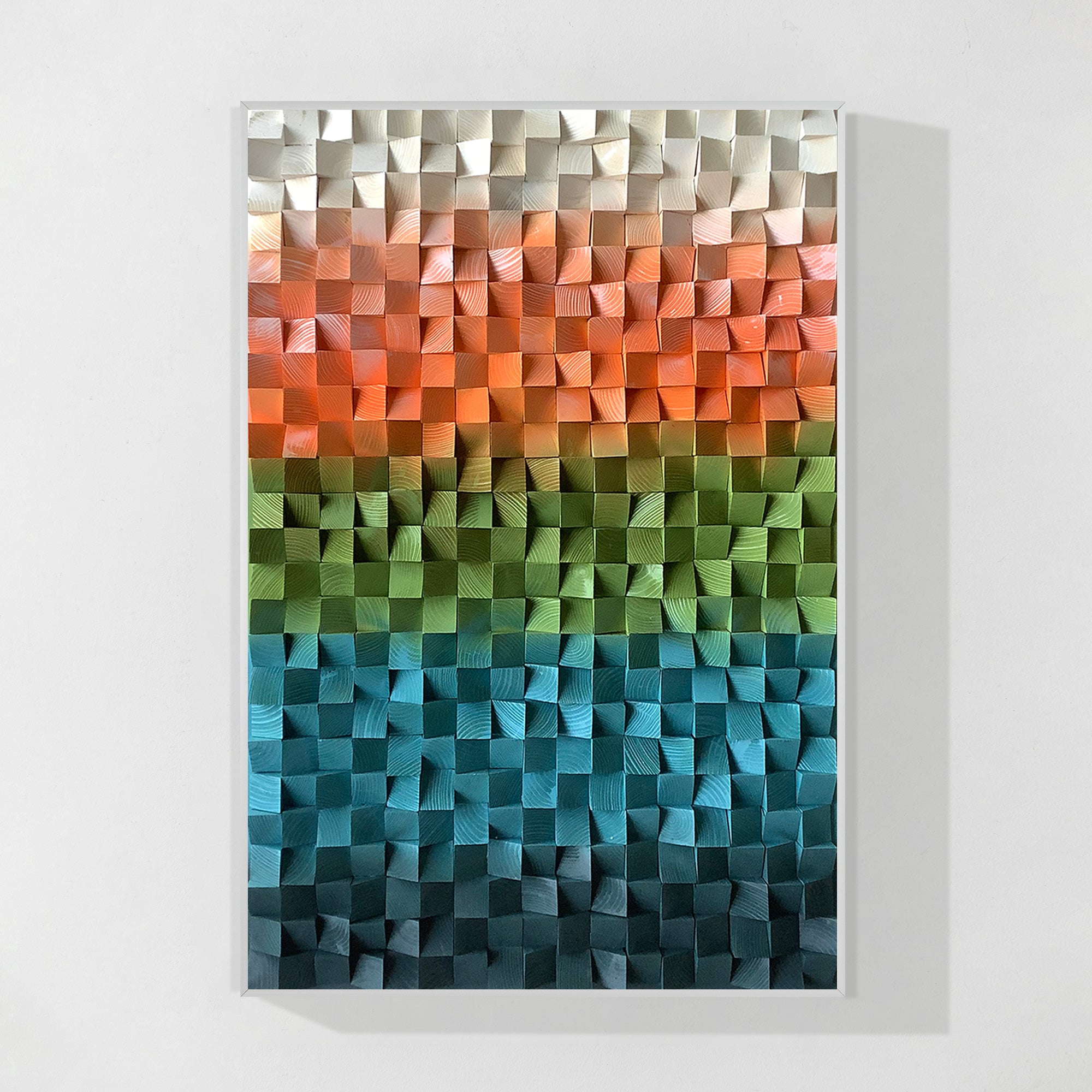 Geometric abstract wood wall art in blue, teal, and tangelo