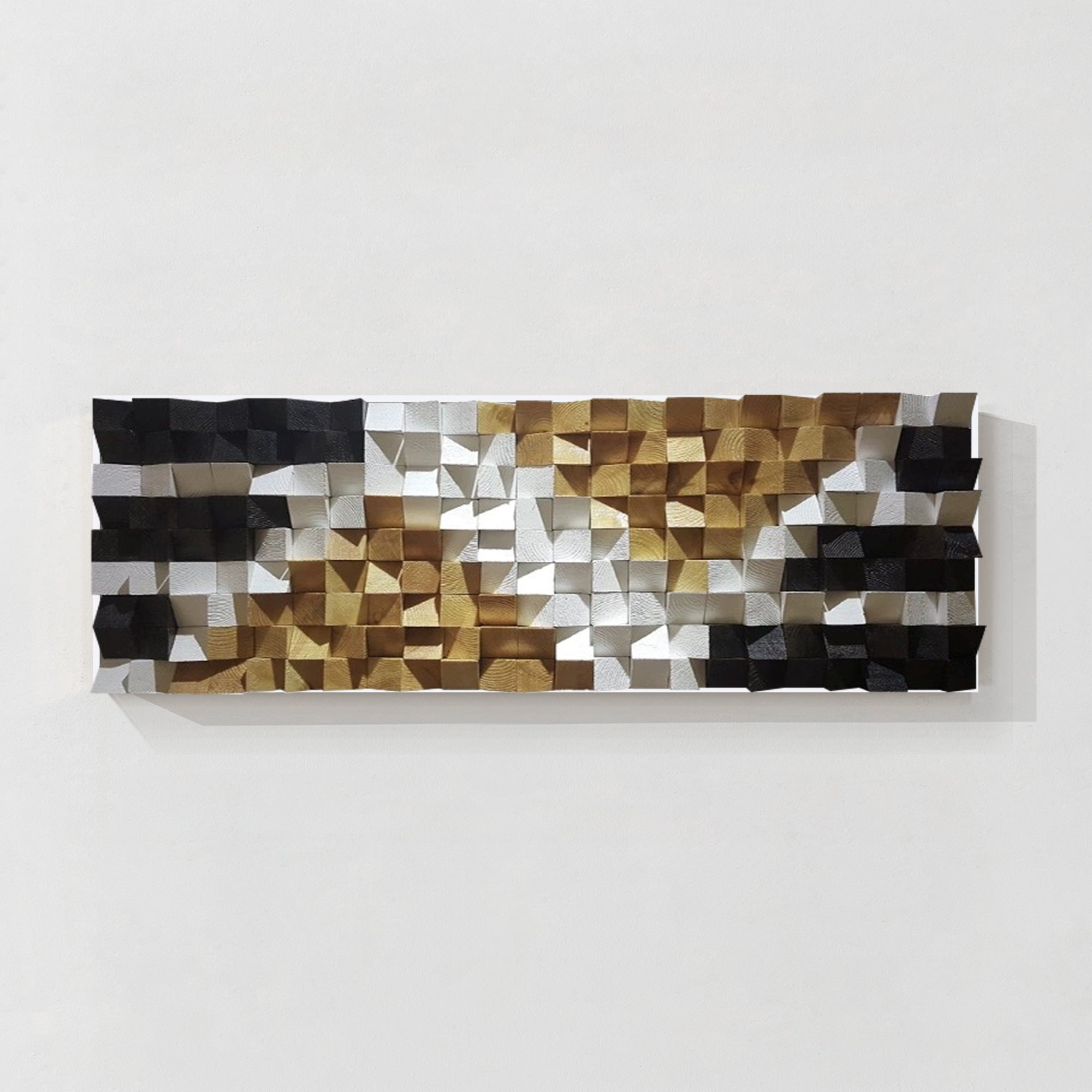 Geometric wood wall art with black and yellow abstract mosaic design.