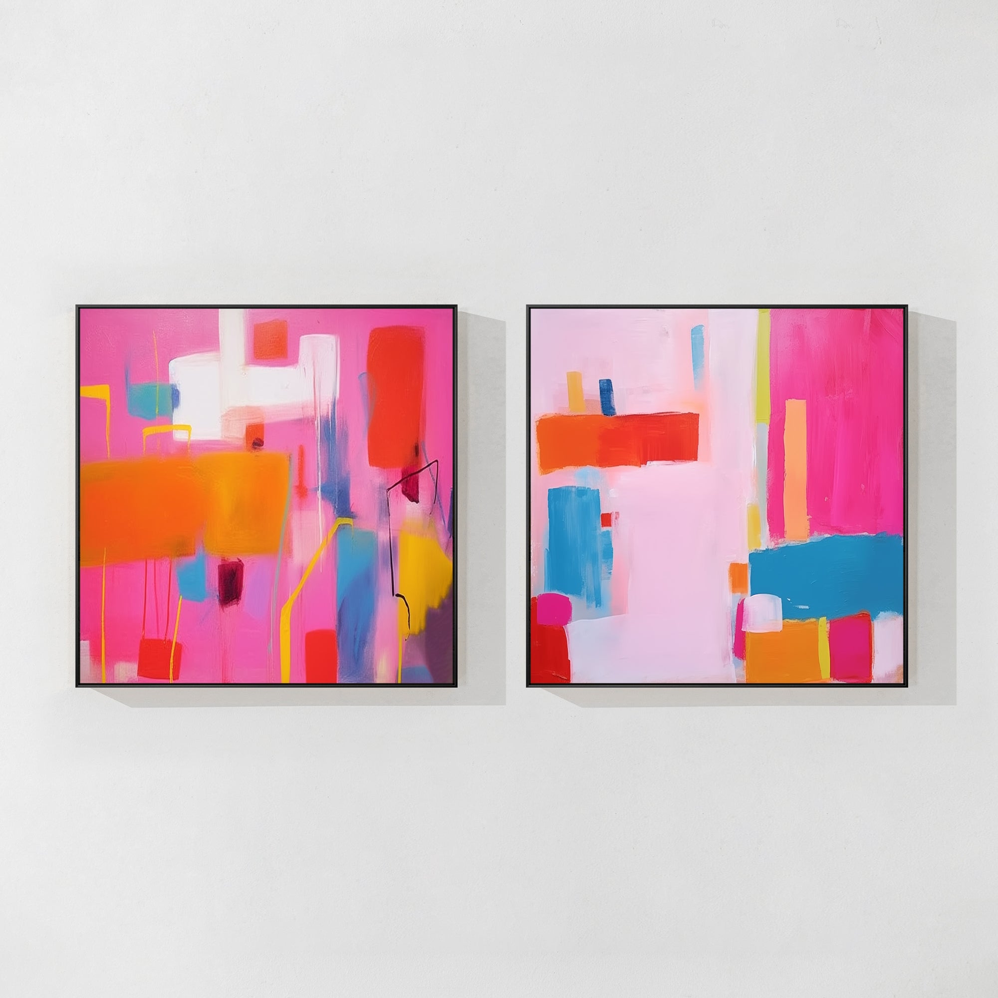 Hot Pink Wall Art Set of 2 – Modern Abstract Art, Bright Colorful Painting for Contemporary Living Room Decor