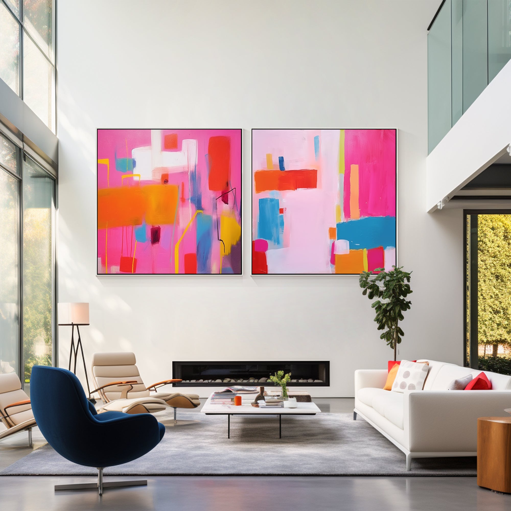 Modern abstract art in hot pink for contemporary living room decor