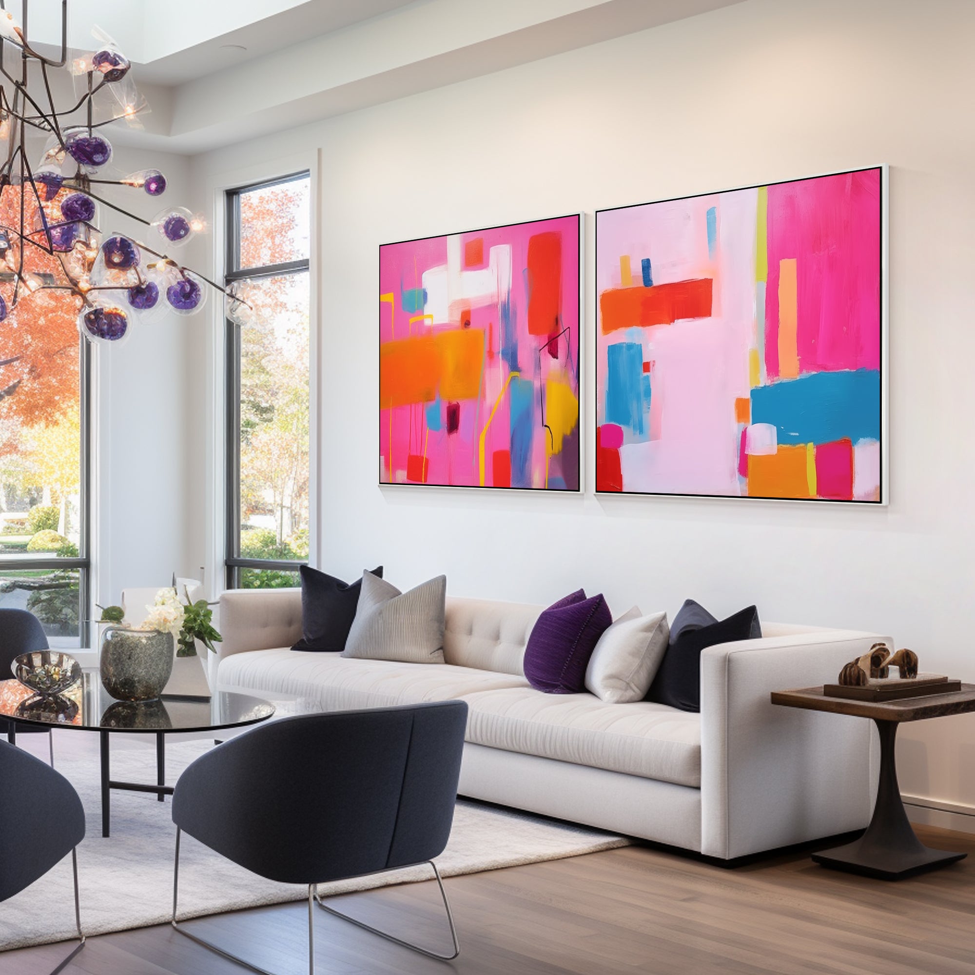 Hot pink abstract wall art set of 2 with bright colorful painting