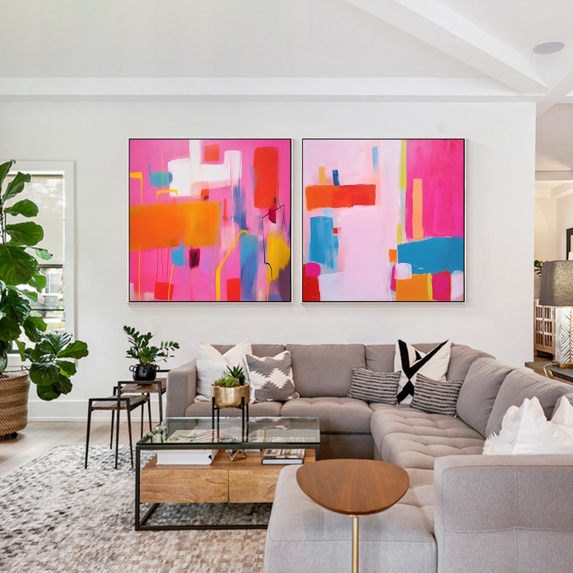 Bright colorful hot pink abstract canvas paintings set