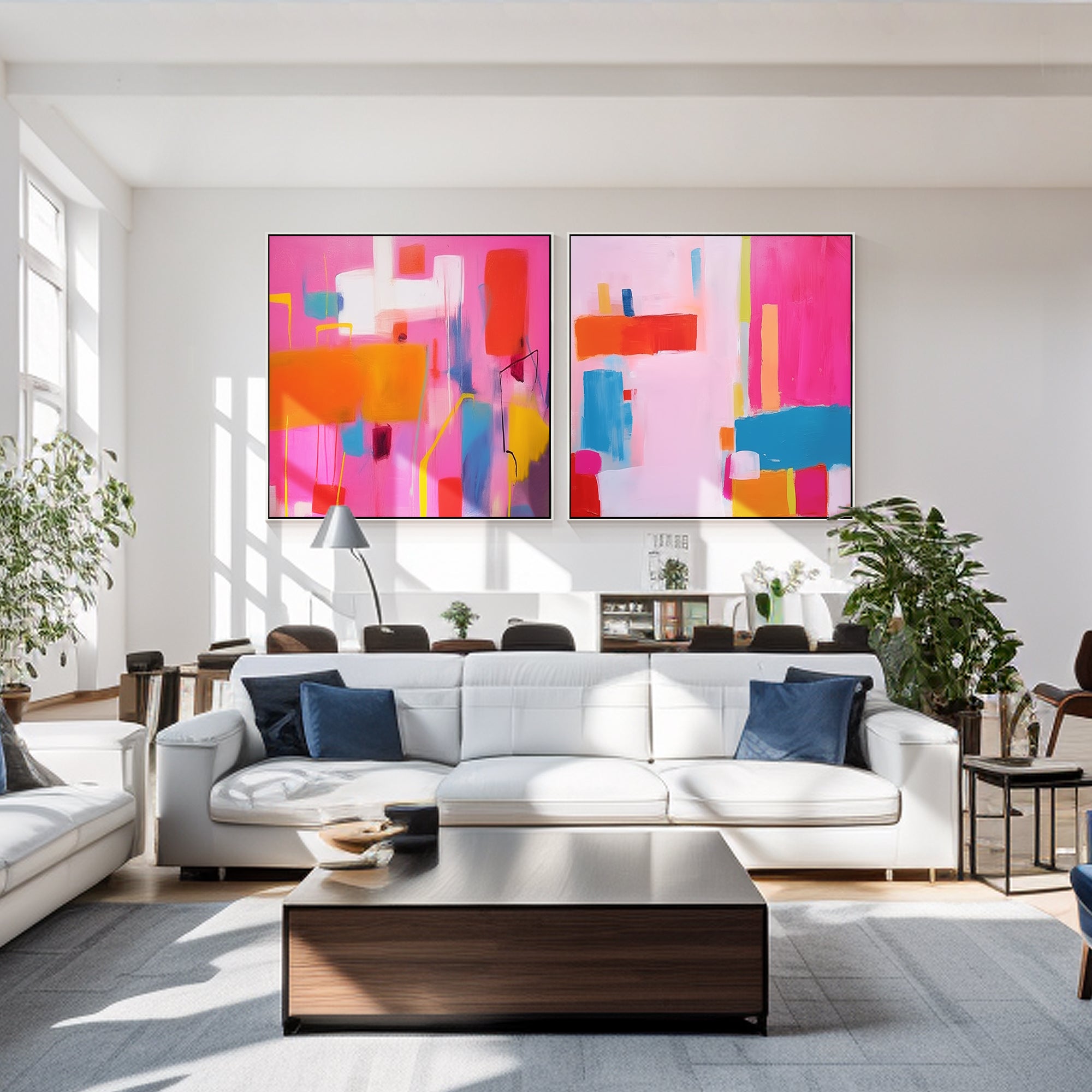 Set of 2 hand-painted hot pink abstract artworks for home decor
