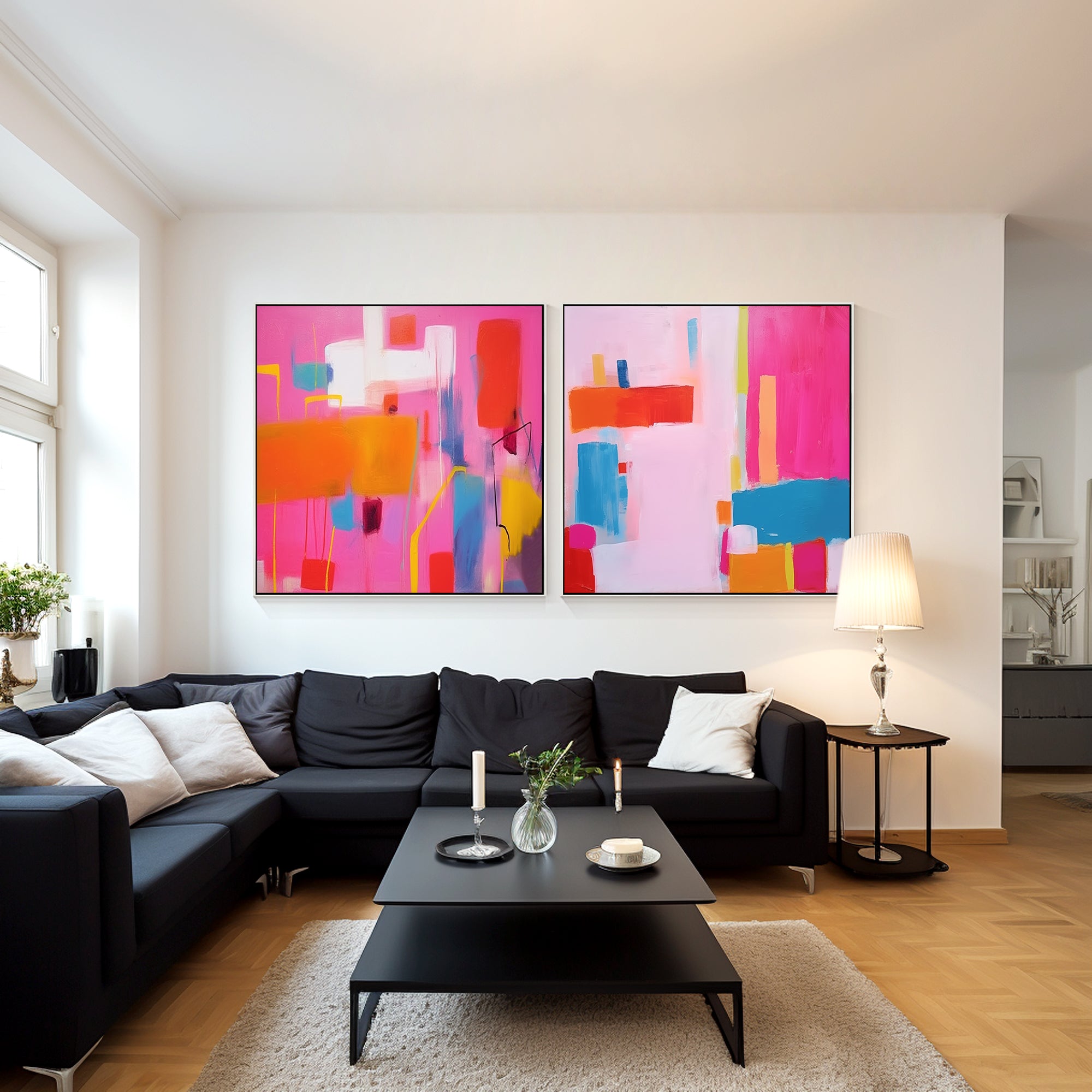 Vibrant hot pink and colorful abstract wall art set for bedroom