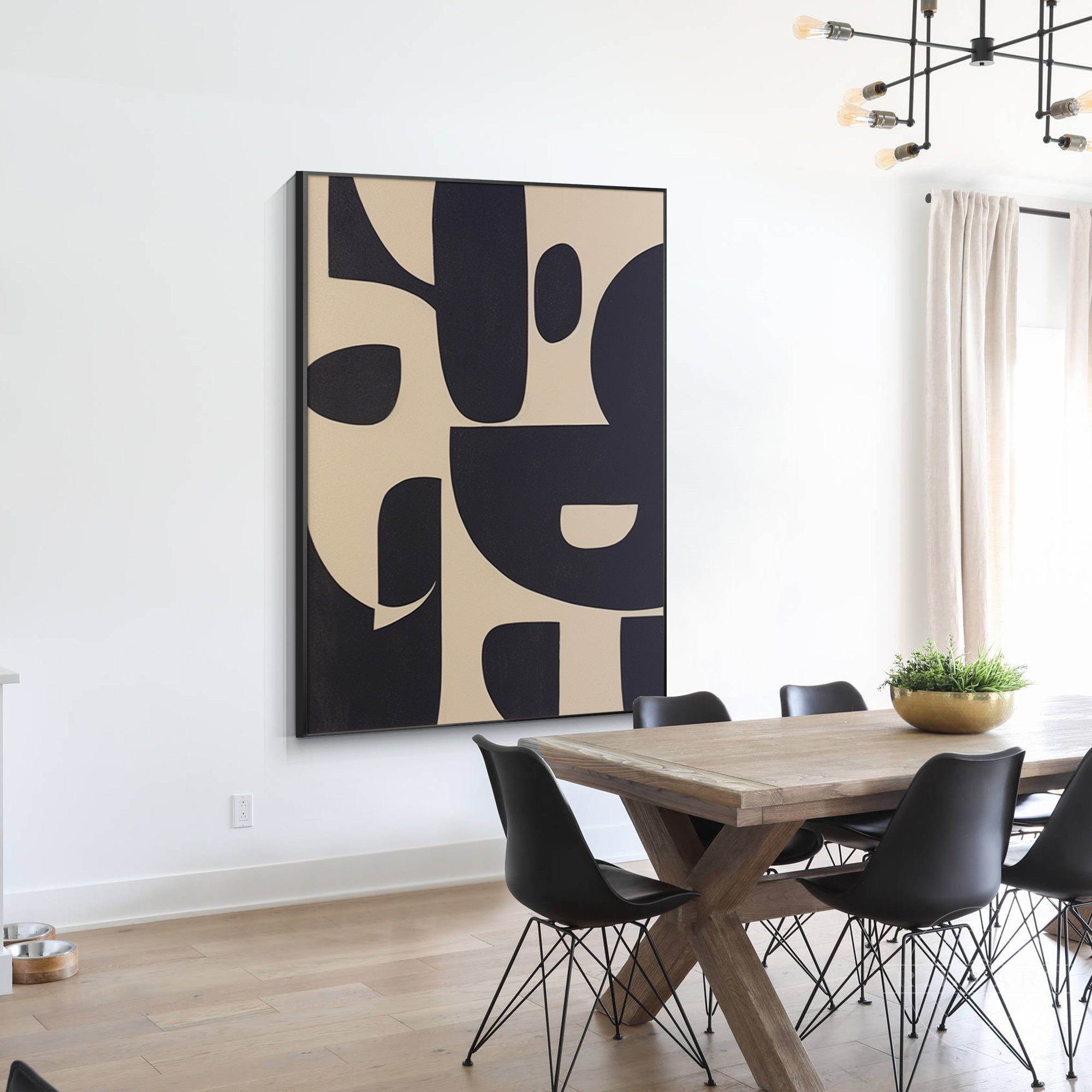 Black and beige geometric texture art painting on canvas with organic shapes. Extra-large wall art for industrial and minimalist home decor.