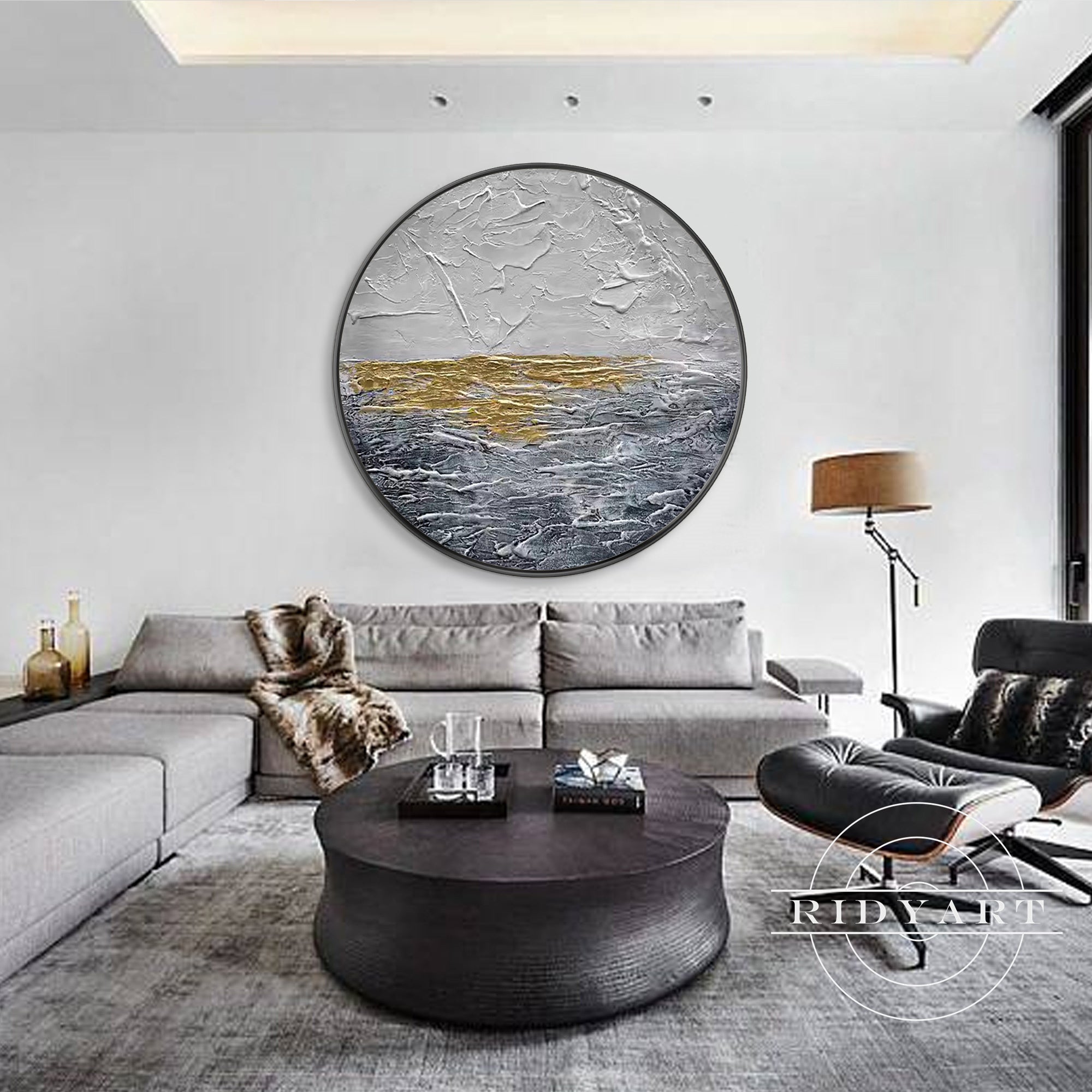 Sophisticated gold and gray artwork for living spaces.
