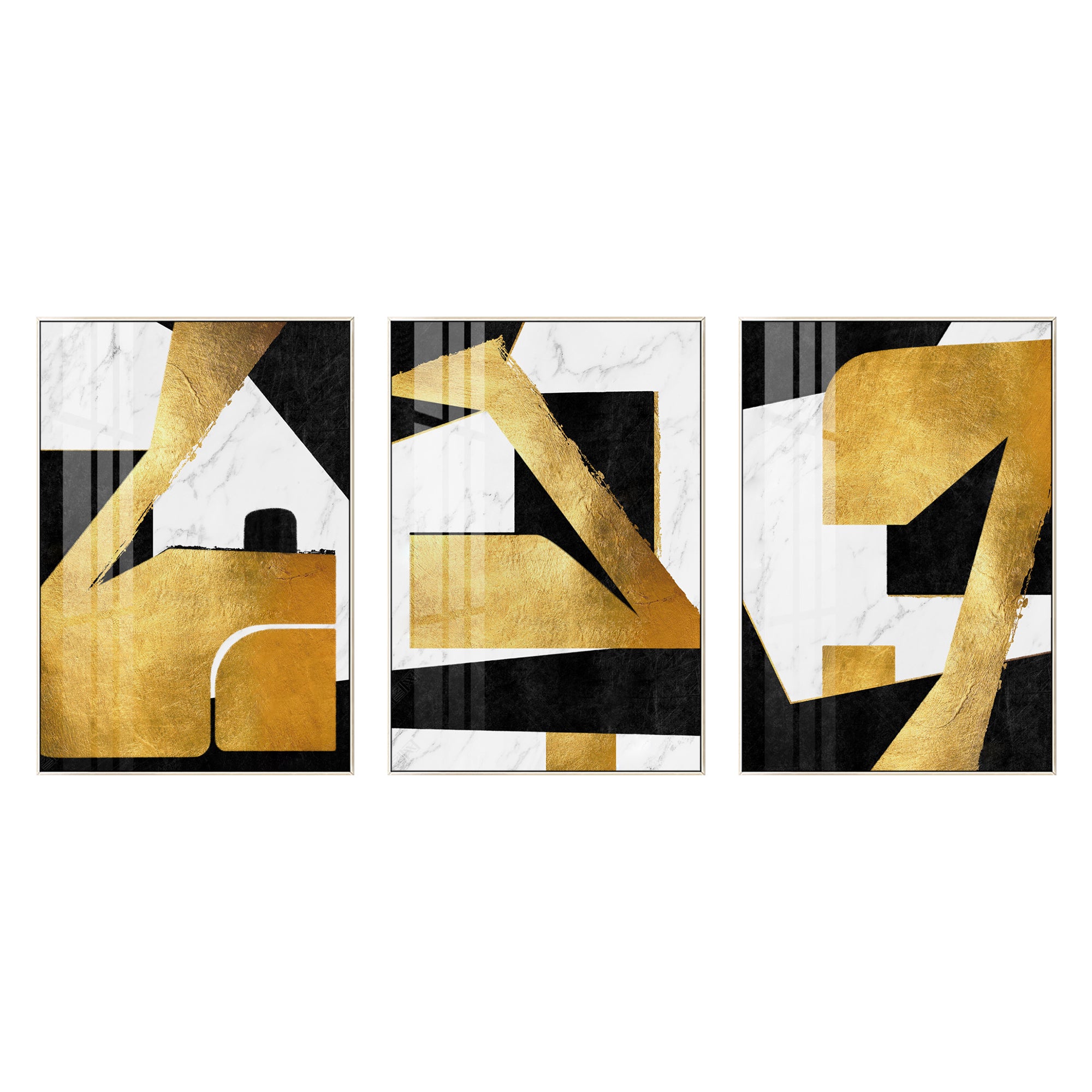 Set of 3 framed gold leaf and black geometric paintings