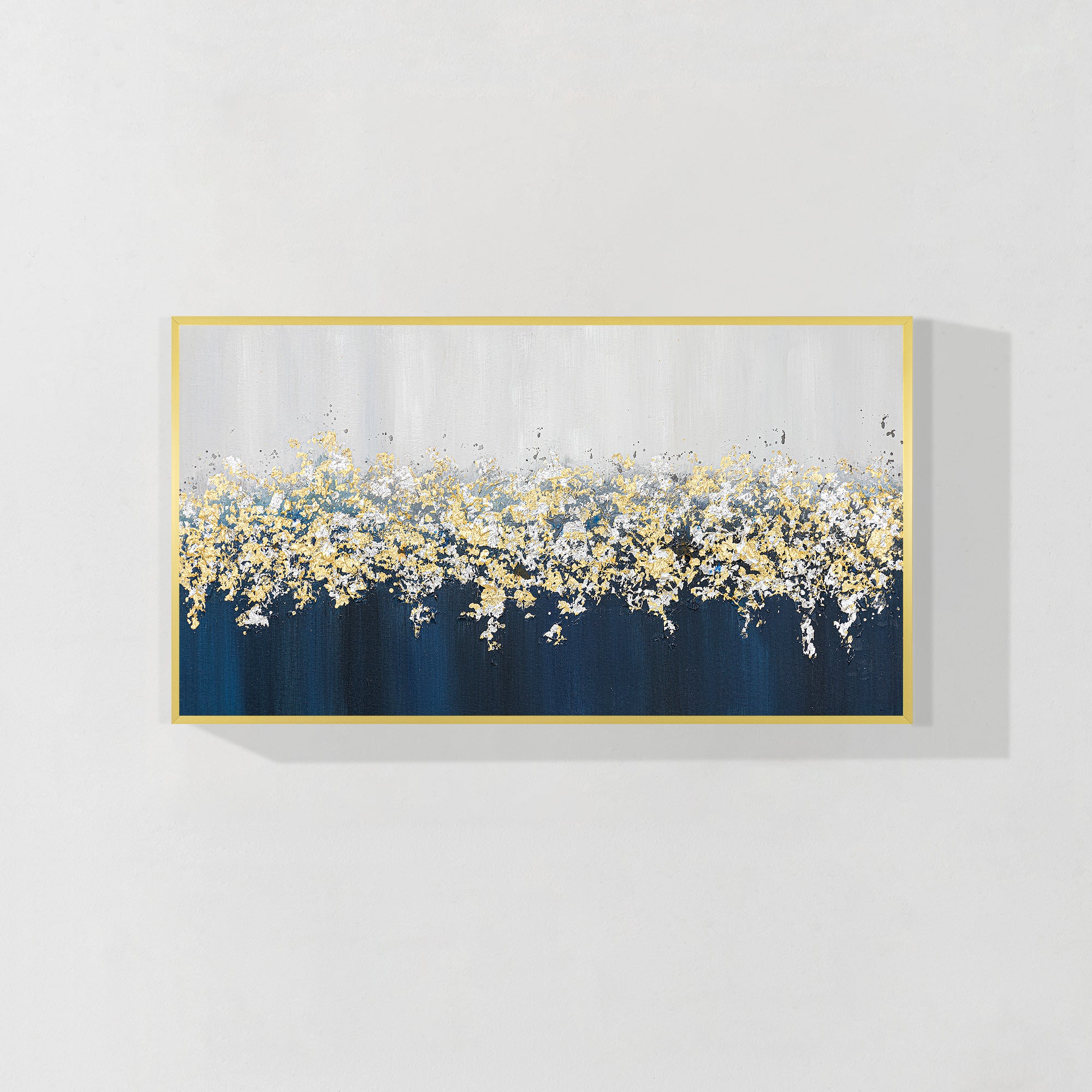 Gold and silver leaf floral abstract painting in navy and gray