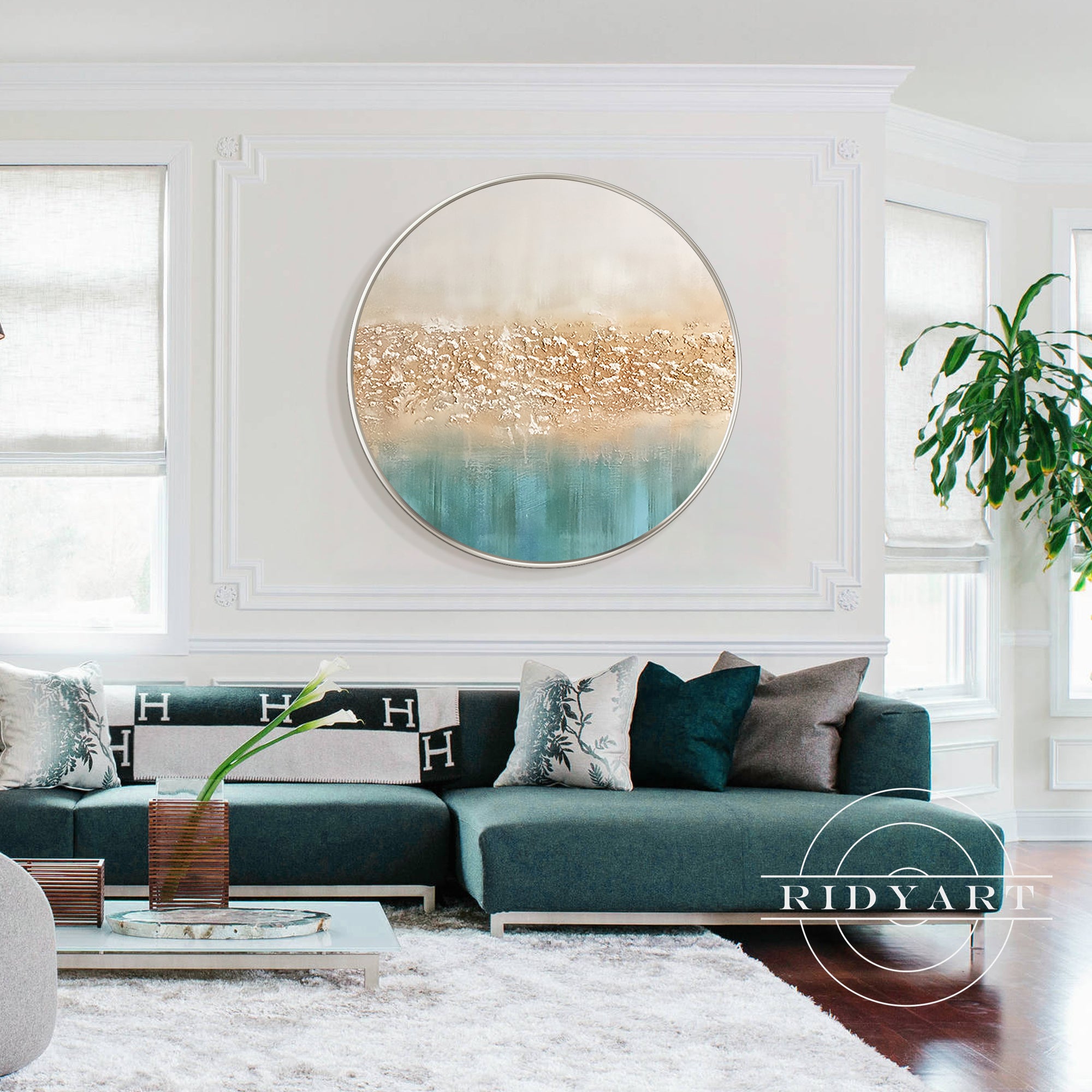 Abstract round canvas art with gold accents