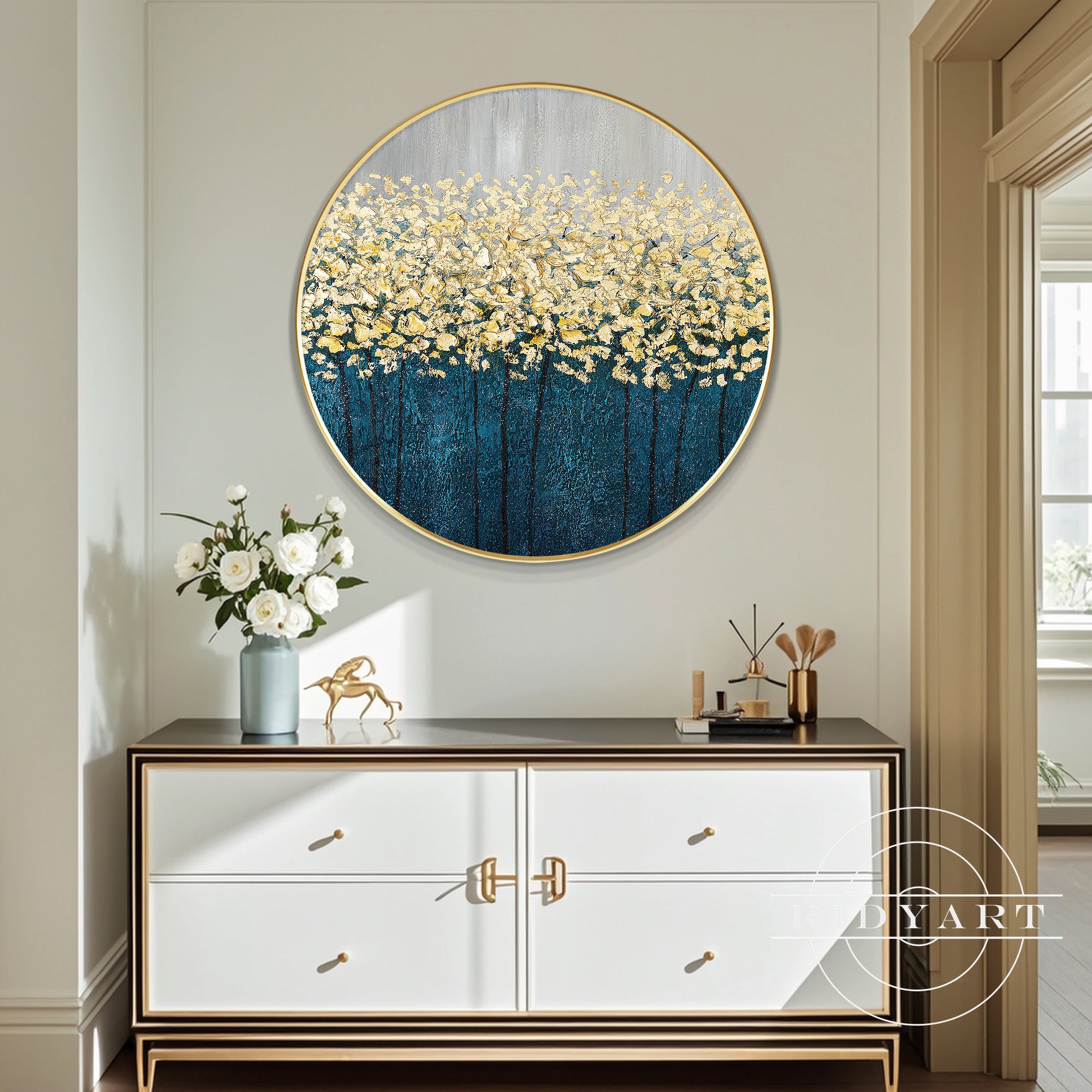 Gouden boom abstract acrylschilderij op rond canvas