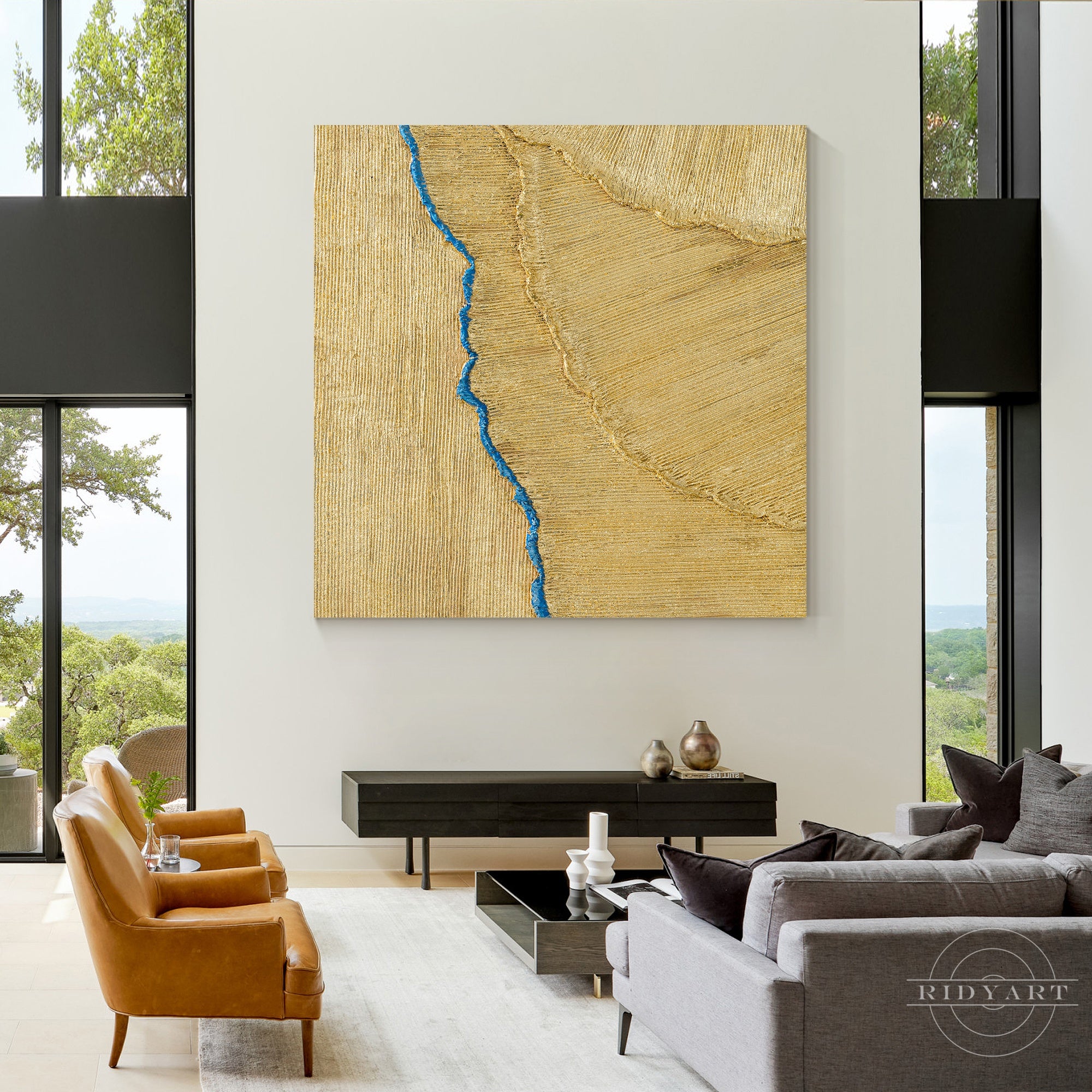 Gold foil heavy texture abstract 3D minimalist painting.