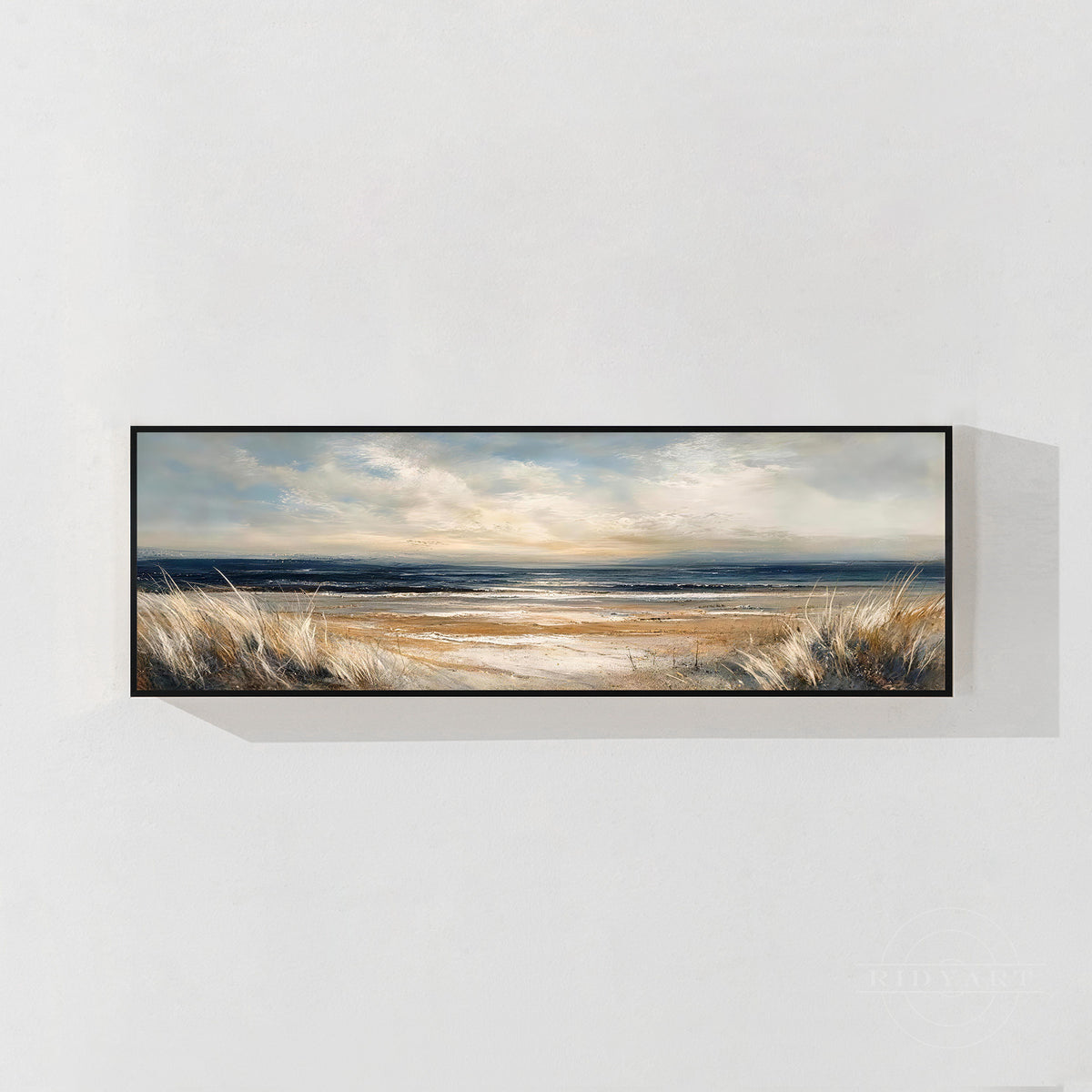 Golden blue coastal landscape wall art featuring a wide ocean horizon, sunlit beach, and soft cloudy sky