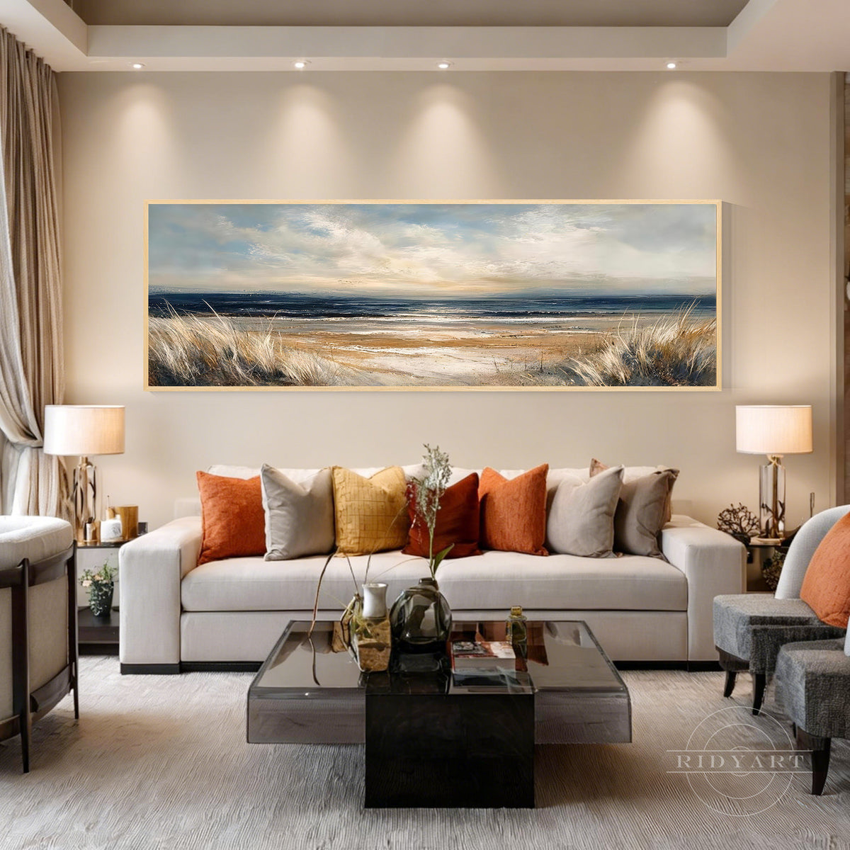 Long narrow beach landscape decor featuring blue sea, beige sand, and golden coastal grasses