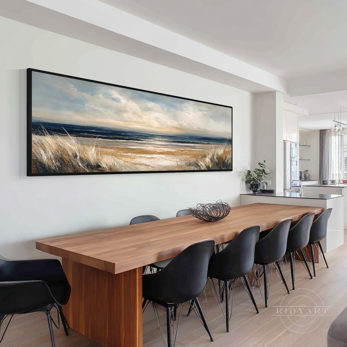 Modern golden coastal seascape with a wide ocean horizon and natural beach textures in a light black frame
