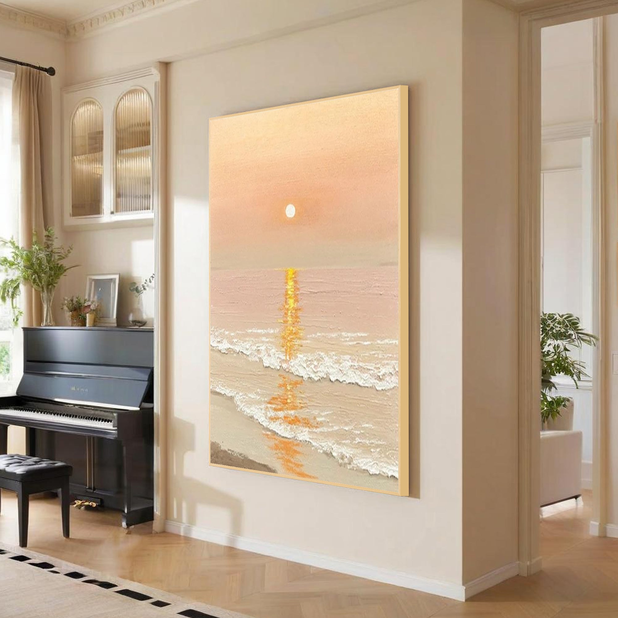 Golden sun dawn ocean painting with pastel sunrise seascape tones