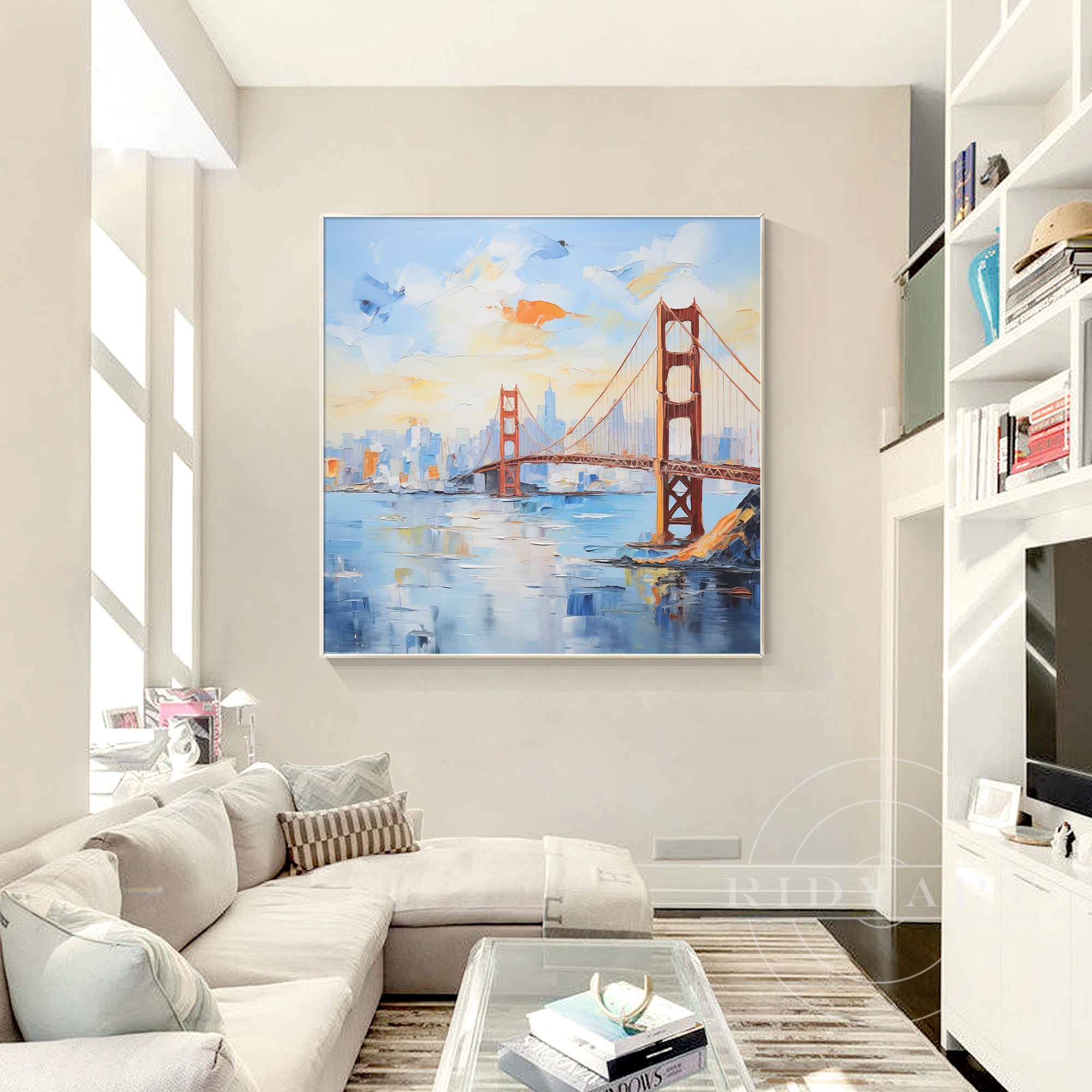 Large framed Golden Gate Bridge textured painting for living room decor.