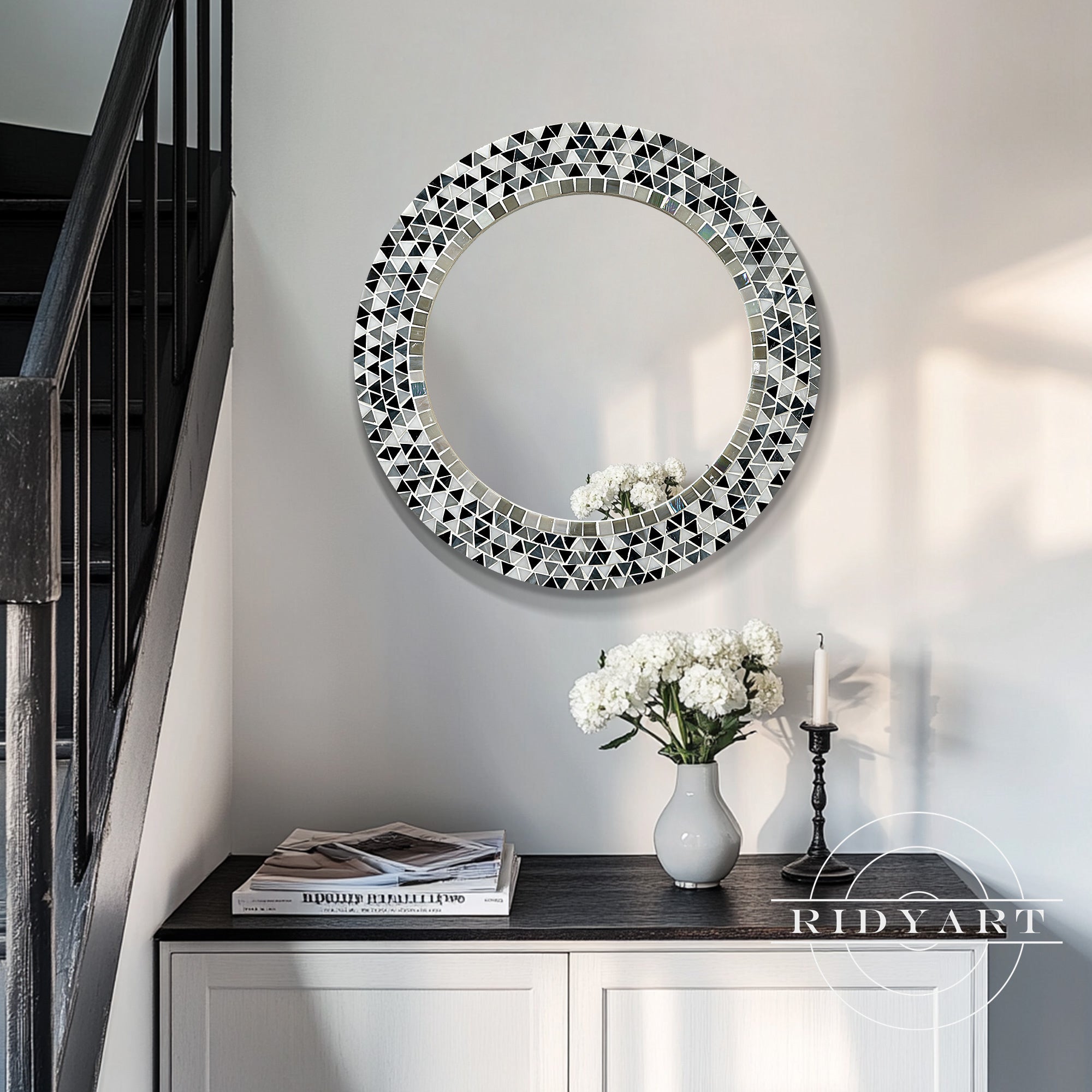Modern bathroom mirror with gray black mosaic frame